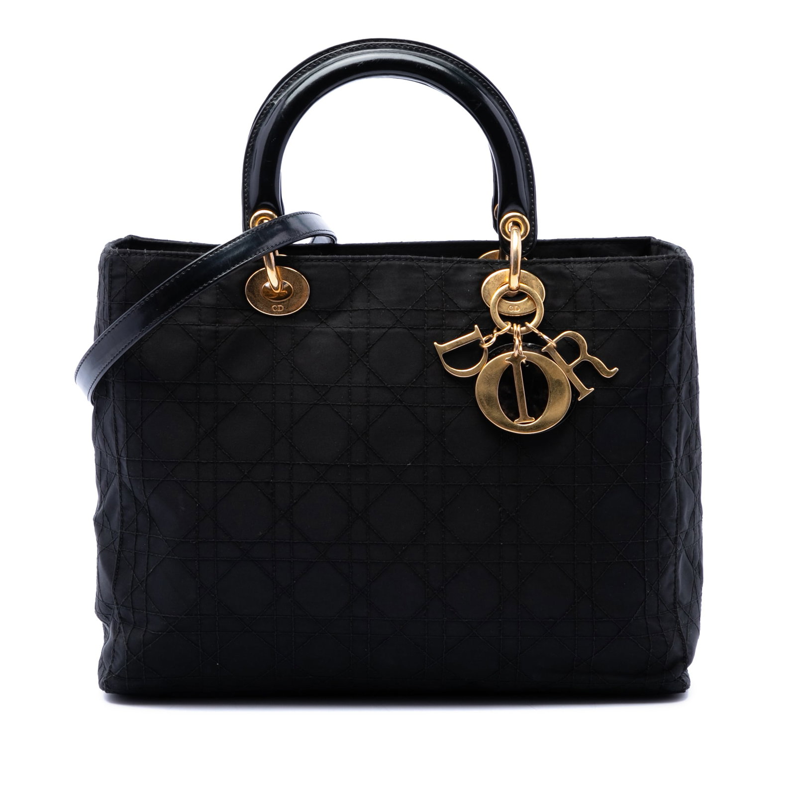 Dior Lady Dior Large Cannage Nylon Handbag Black: Dior Lady Dior Large Cannage Nylon Handbag Black This Lady Dior bag is crafted in black nylon with the signature Cannage design. It features rolled handles, a detachable flat strap, a top zip closure,