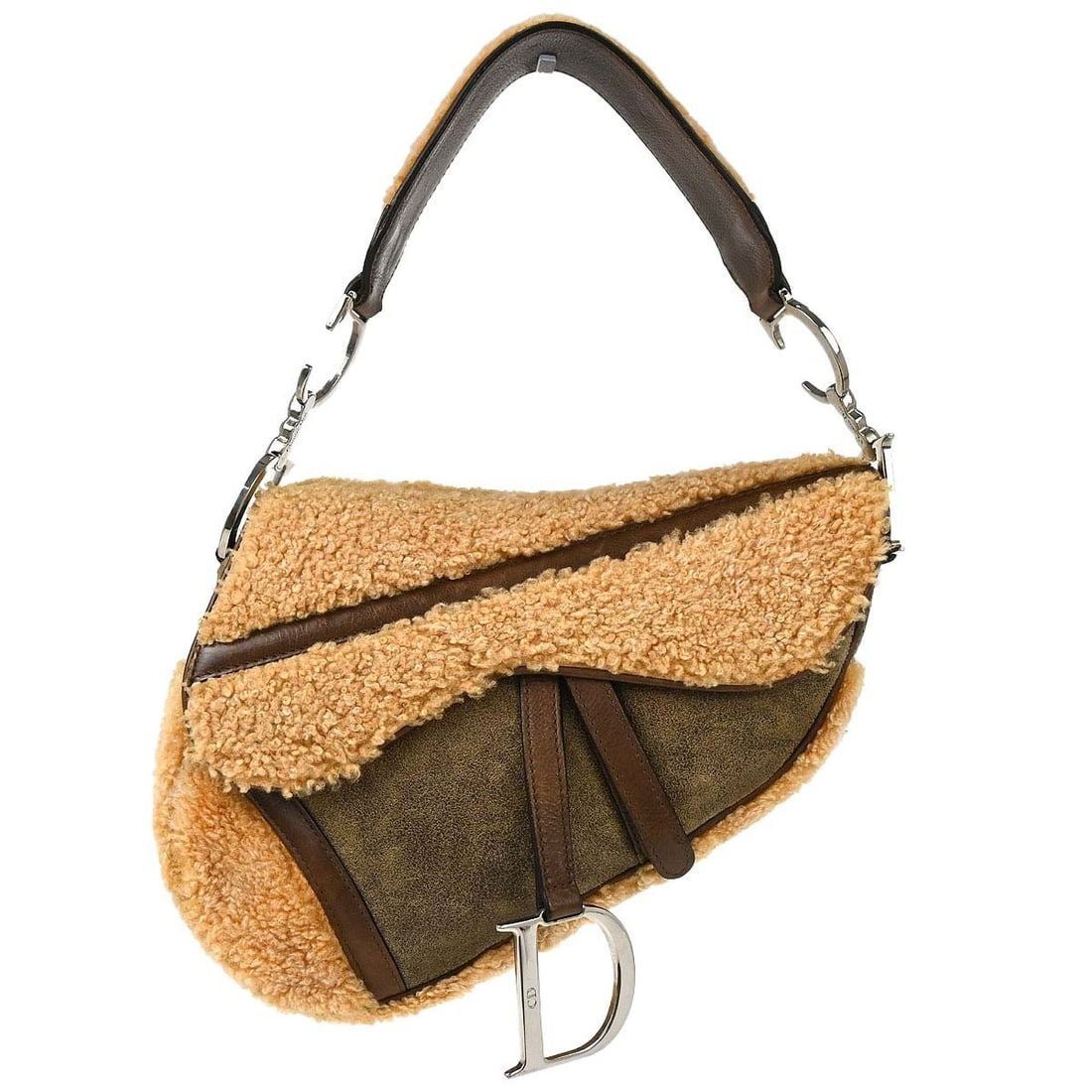 Dior Saddle Medium Shoulder Bag in Brown Shearling Lambskin Leather: Dior Saddle Medium Shoulder Bag in Brown Shearling Lambskin Leather Christian Dior Saddle handbag in brown shearling lambskin and leather. This medium shoulder bag features a Velcro tape closure, one 