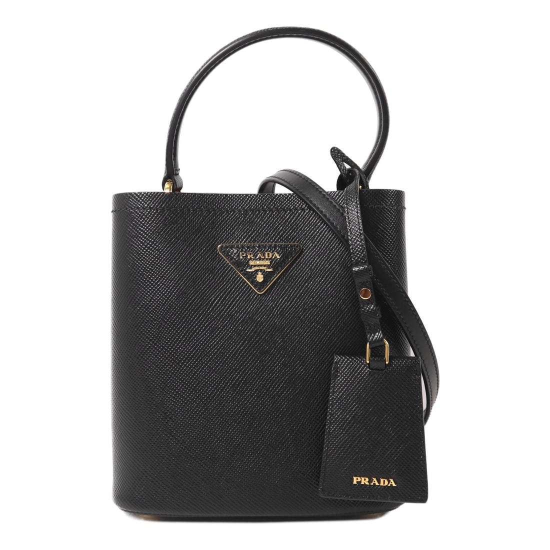 Prada GHW Calfskin Black 2 Way Shoulder Bag Secchiello: Prada GHW Calfskin Black 2 Way Shoulder Bag Secchiello This Prada 2-way shoulder bag is crafted from black calfskin leather, offering a luxurious and versatile accessory for everyday use. Featuring go