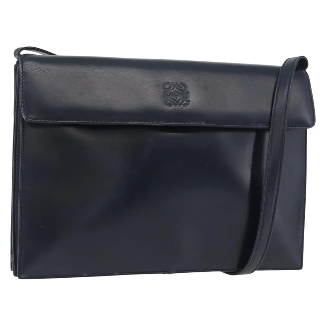 Loewe Anagram navy leather shoulder bag 26cm x 18cm x 3cm: Loewe Anagram navy leather shoulder bag 26cm x 18cm x 3cm This Loewe Anagram Shoulder Bag is crafted from navy leather and designed for unisex use. The bag features a sleek silhouette with dimensions 