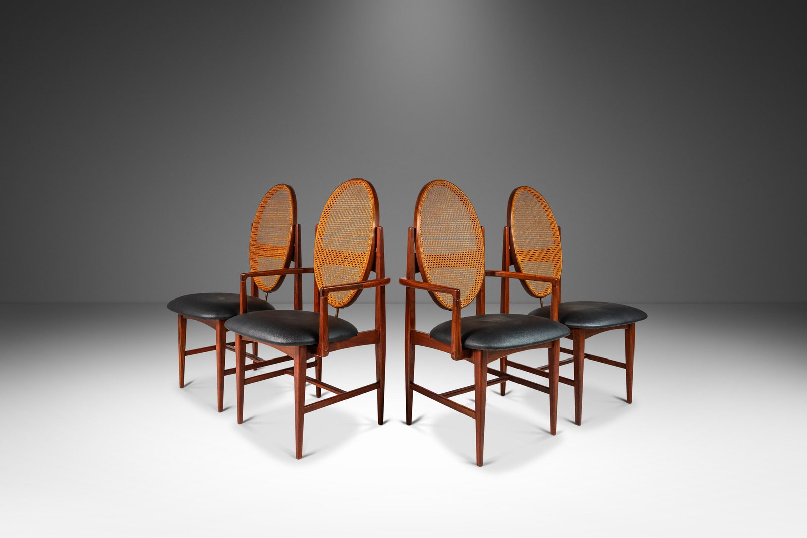 Milo Baughman Set of 4 Mid-Century Cane-Back Dining Chairs Walnut 1960s: Milo Baughman Set of 4 Mid-Century Cane-Back Dining Chairs Walnut 1960s Discover a rare set of four Mid-Century Modern cane-back dining chairs designed by Milo Baughman for Directional Furniture, craf
