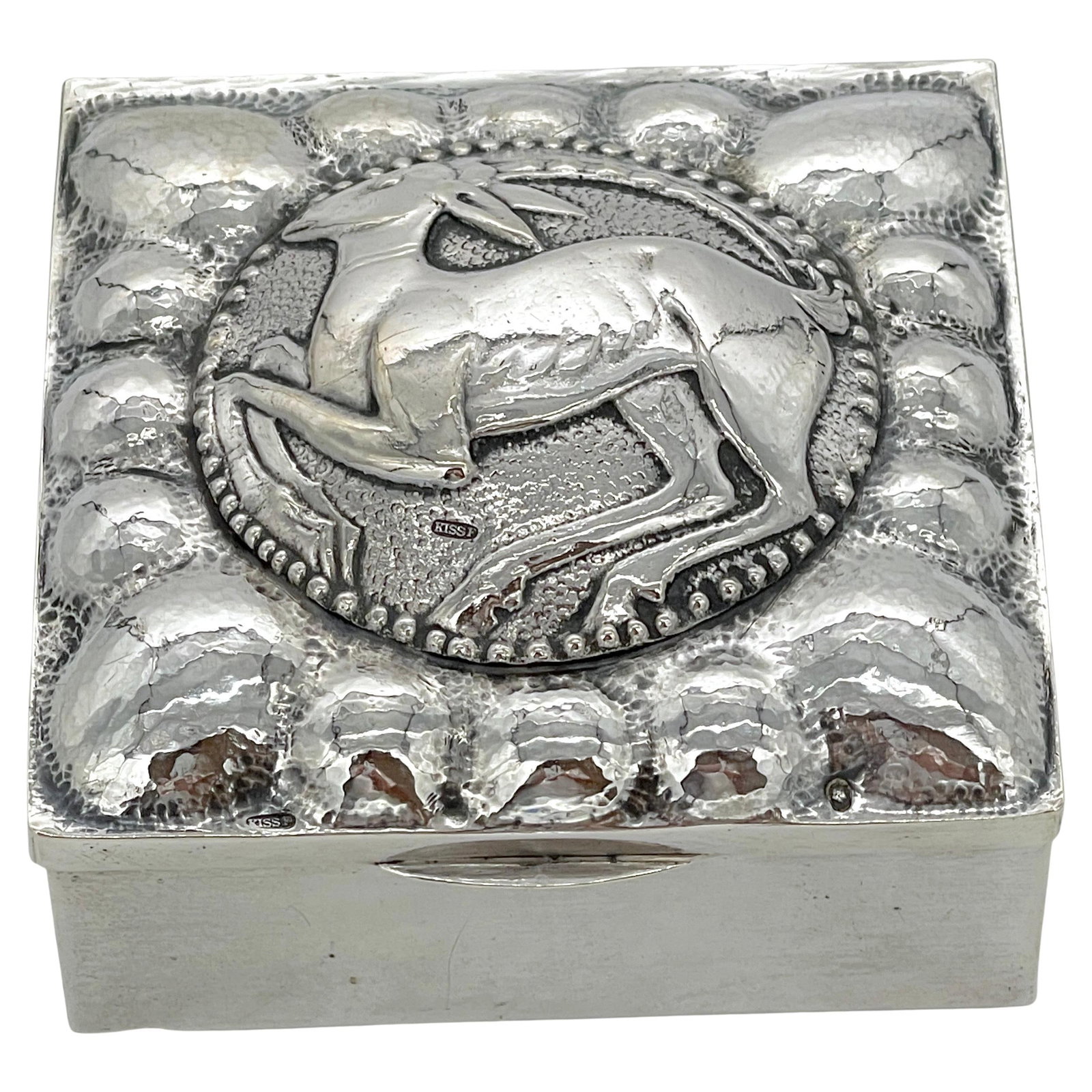 Art Deco French Sterling Silver Ram Motif Box 1925 KISS F: Art Deco French Sterling Silver Ram Motif Box 1925 KISS F This Fine French Sterling Art Deco Ram Motif Square Table Box, crafted circa 1925, showcases the elegance of the Art Deco era. The box feature