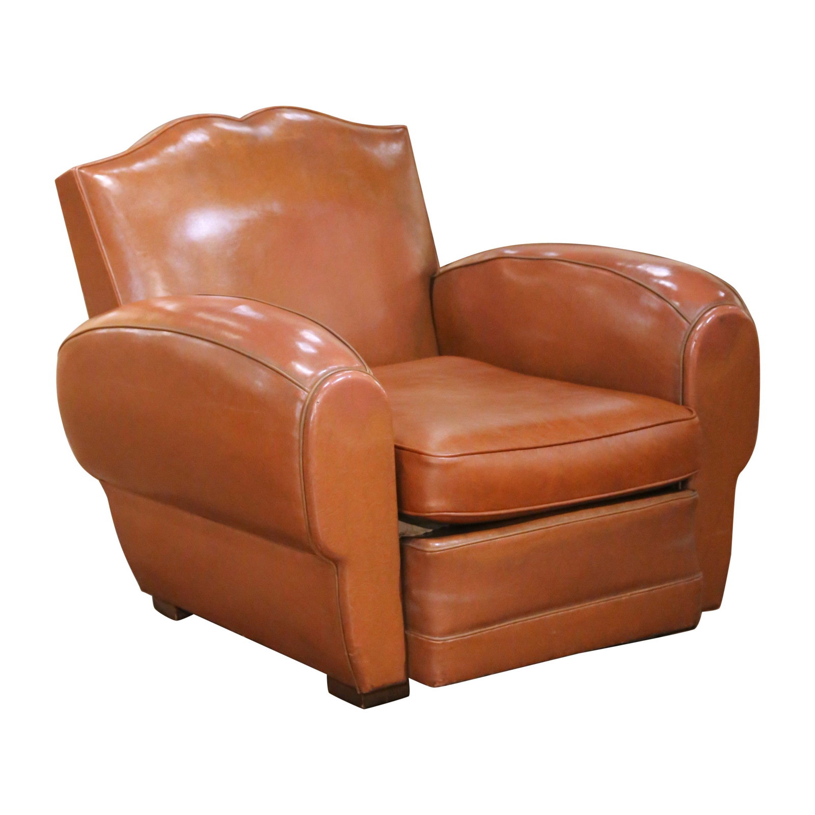 French Art Deco Club Chair Circa 1960 in Chestnut Brown Leather: French Art Deco Club Chair Circa 1960 in Chestnut Brown Leather This mid-century French club chair, crafted circa 1960, showcases Art Deco style with its iconic "moustache" back, rolled arms, and deep