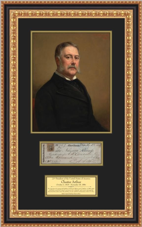 Framed Chester A Arthur facsimile check and portrait display: Framed Chester A Arthur facsimile check and portrait display This custom-framed display features a facsimile signed check reproduction from Chester A. Arthur, the 21st President of the United States. 