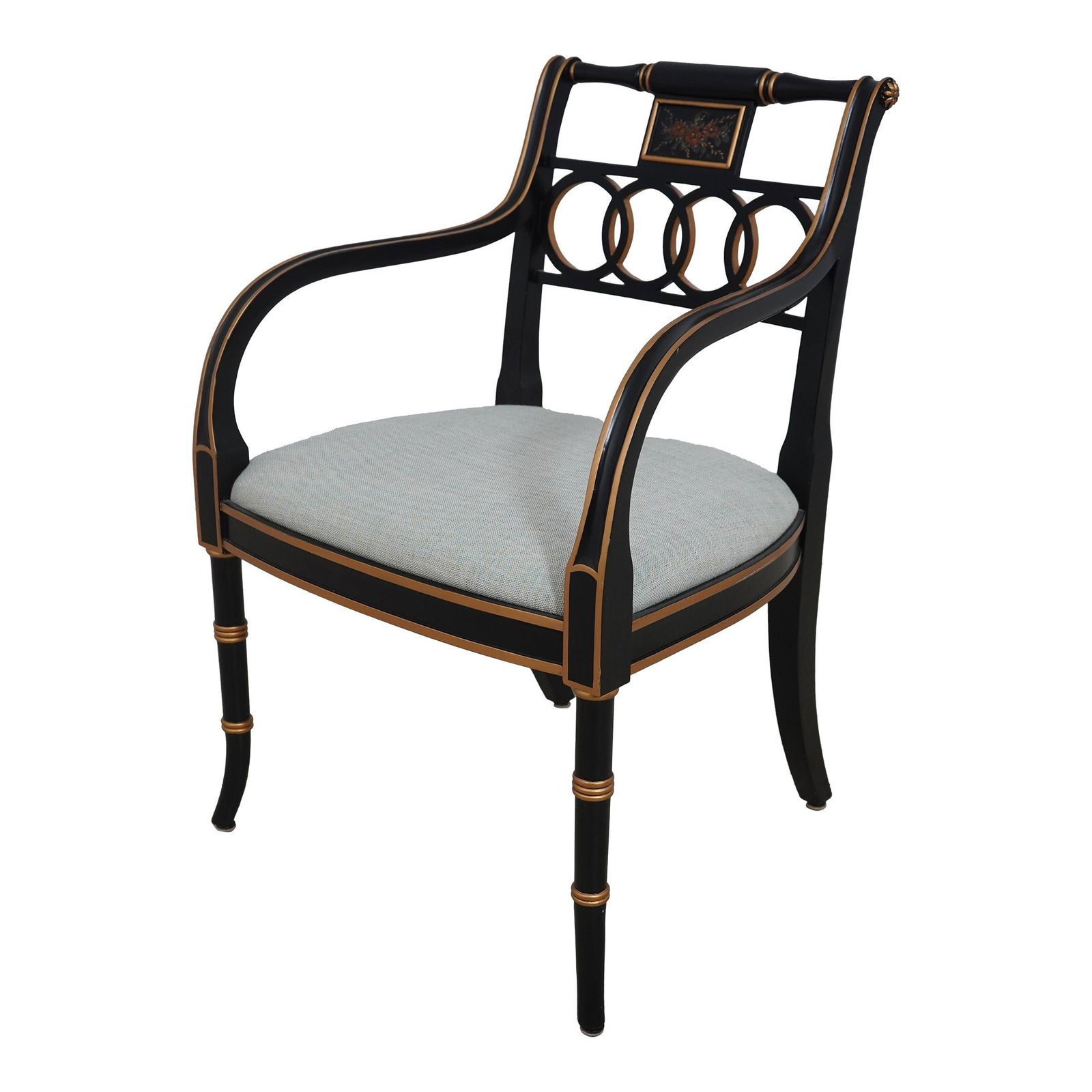 Elegant Regency Style Black Floral Decorated Armchair: Elegant Regency Style Black Floral Decorated Armchair This Regency Style Black Paint Decorated Armchair showcases an elegant design with a stunning floral decorated painted finish. Crafted with qualit