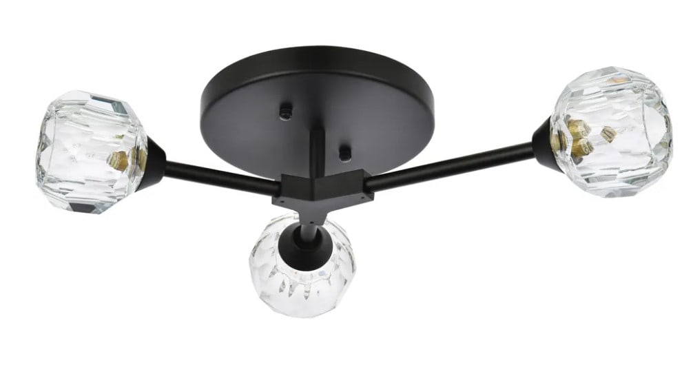 Black Crystal Flush Mount Chandelier Zayne 3 Light: Black Crystal Flush Mount Chandelier Zayne 3 Light This modern flush mount chandelier features a sleek black iron frame and three faceted cut crystal glass shades. Designed for indoor use, it provides
