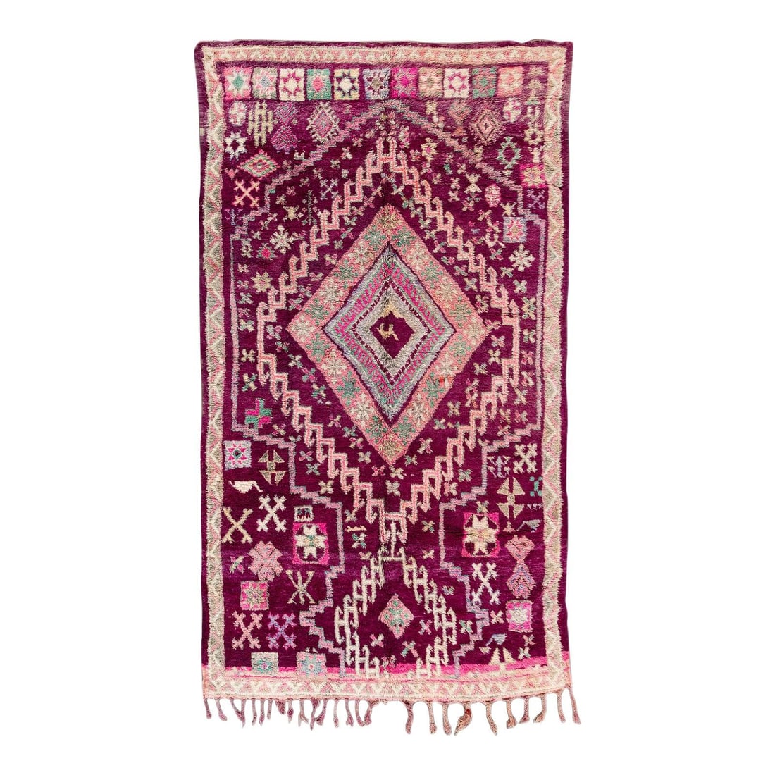 Handmade Vintage Purple Tribal Moroccan Wool Rug 6'6 x 11'10: Handmade Vintage Purple Tribal Moroccan Wool Rug 6'6 x 11'10 This stunning hand-knotted vintage tribal wool rug features a rich purple field beautifully accented with various shades of pink and green.