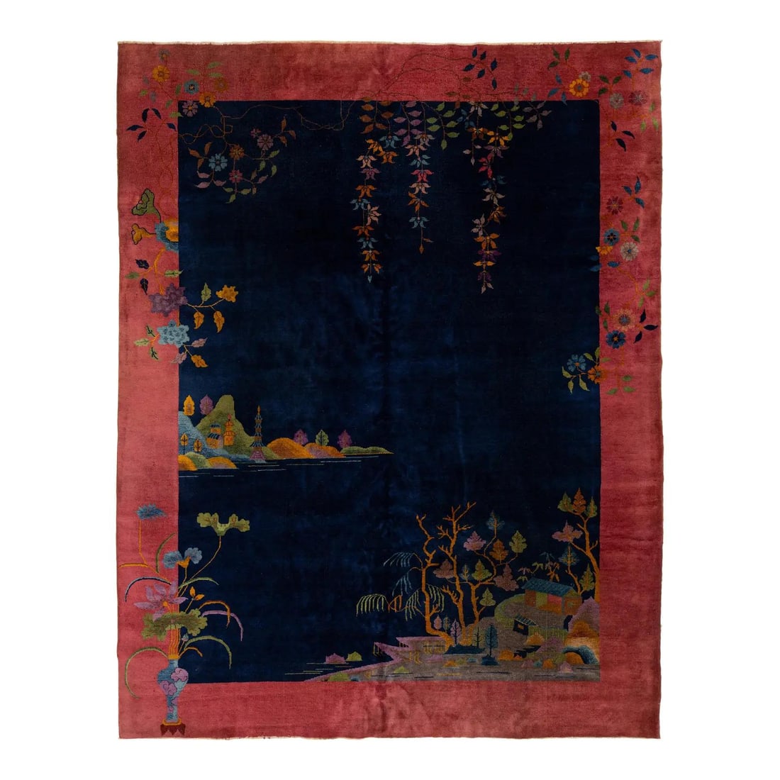 Antique Chinese Art Deco Wool Rug 9 x 11'6 Village and Floral Motifs Navy Blue: Antique Chinese Art Deco Wool Rug 9 x 11'6 Village and Floral Motifs Navy Blue This antique Chinese Art Deco rug is handknotted in wool and features a deep navy blue field framed by a rose pink border
