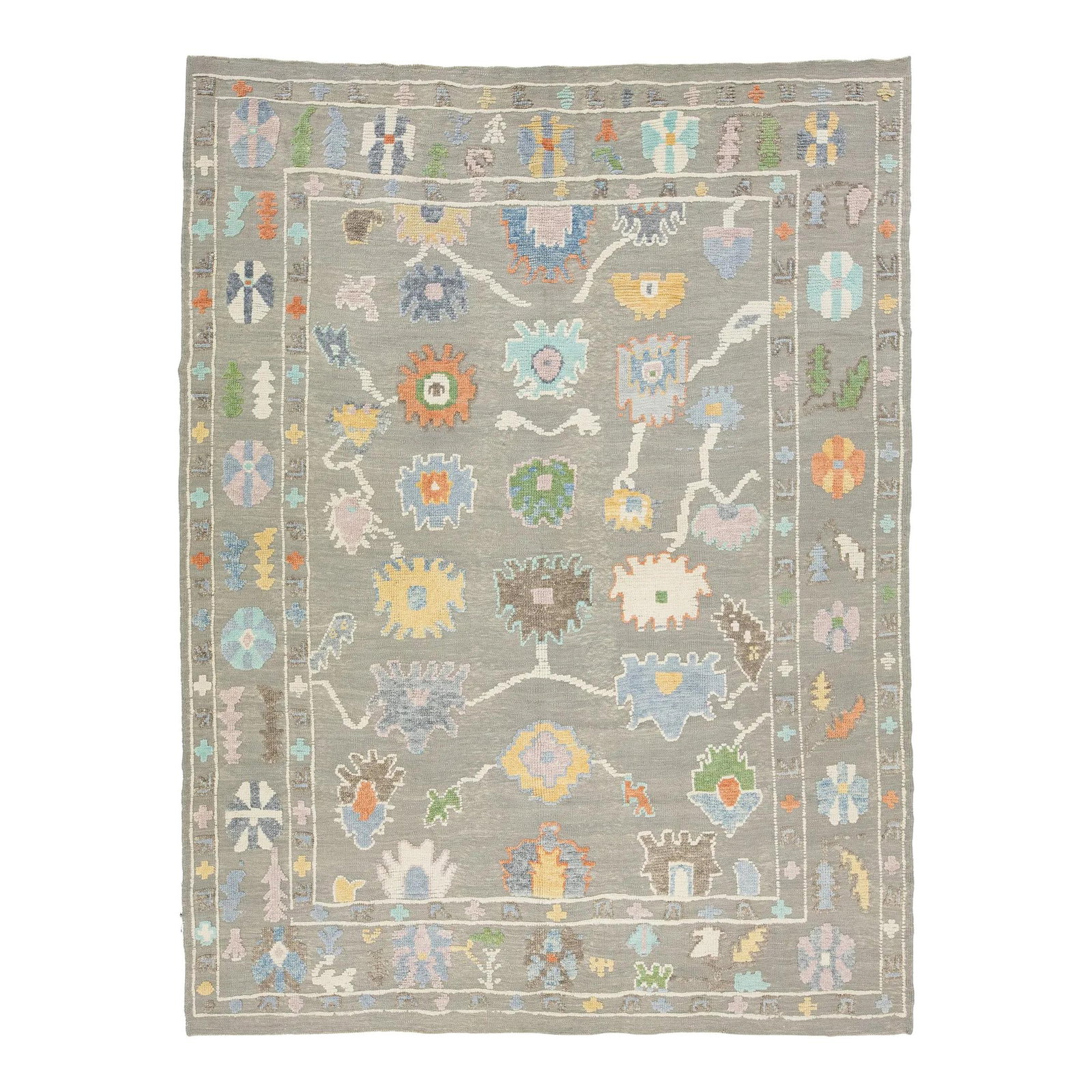 Handmade Turkish Oushak Floral Wool Rug 9'5 x 12'5 Light Gray: Handmade Turkish Oushak Floral Wool Rug 9'5 x 12'5 Light Gray Elevate your space with this exquisite Turkish hand-knotted wool rug, featuring a serene light gray background embellished with a vibrant 