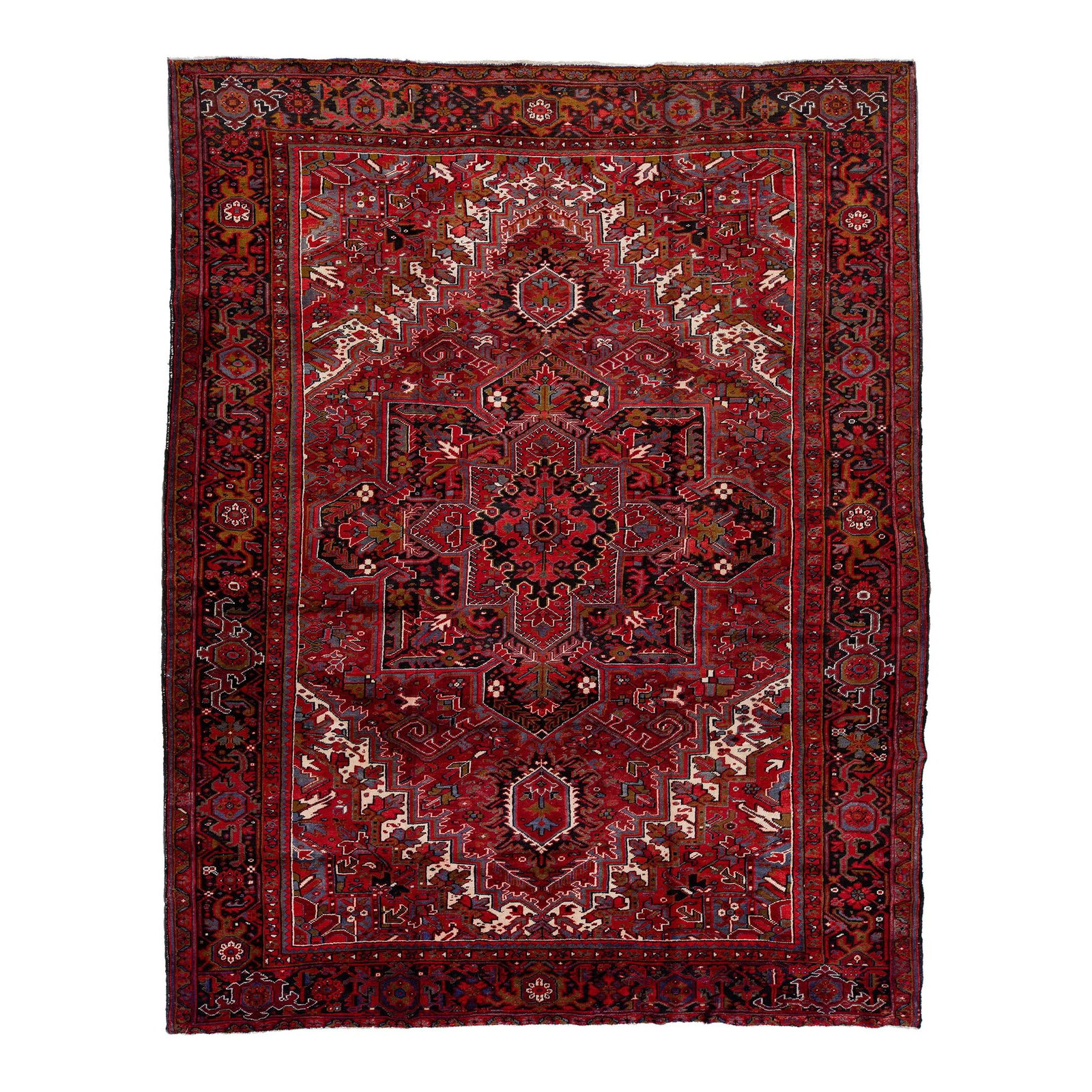 1920s Antique Persian Heriz Medallion Wool Rug Red 9'10 x 12'5: 1920s Antique Persian Heriz Medallion Wool Rug Red 9'10 x 12'5 This exquisite antique Heriz rug showcases a stunning hand-knotted wool construction with a vibrant red color field. Adorned with a multi