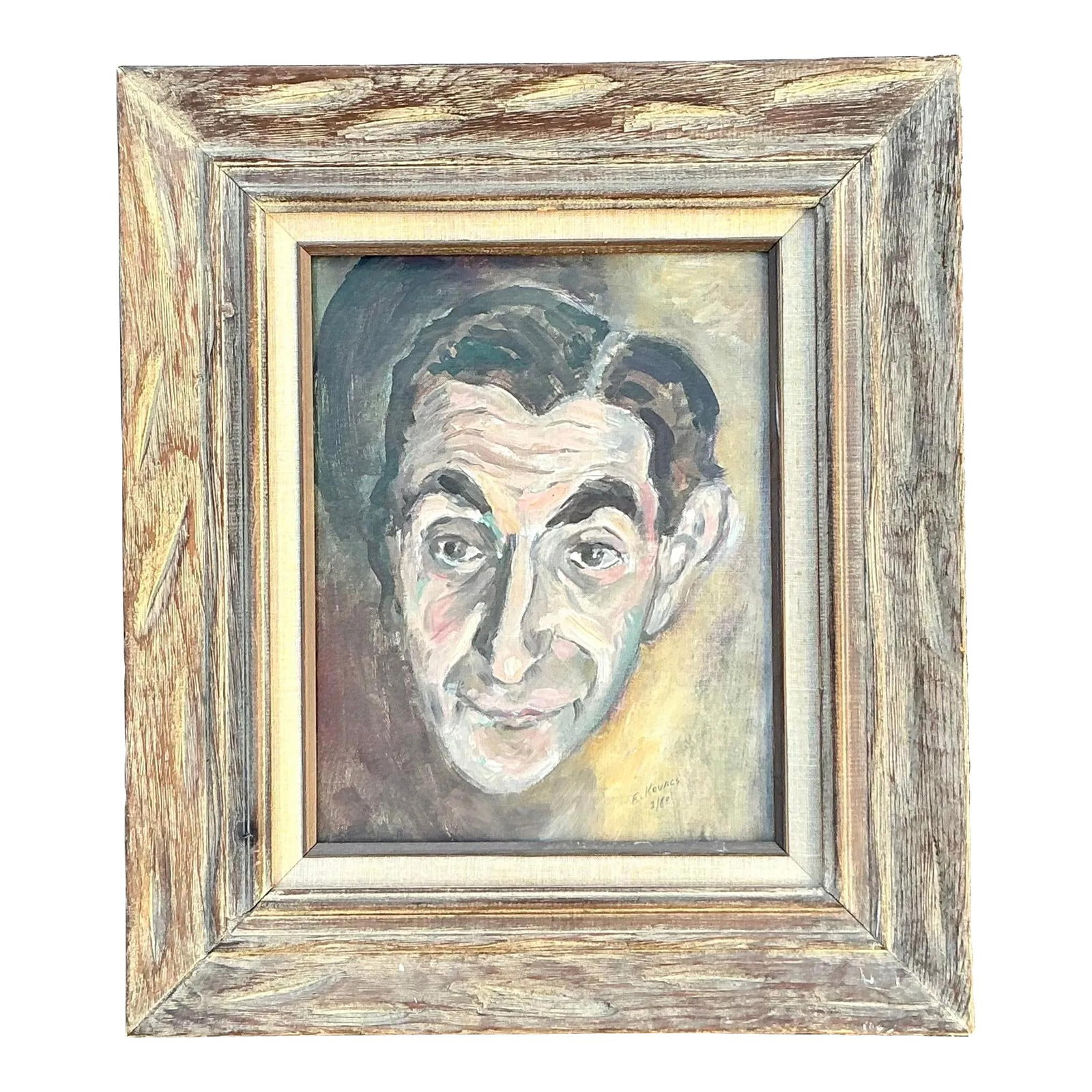 Mid 20th Century Vintage Boho Oil Portrait on Canvas in Rustic Frame: Mid 20th Century Vintage Boho Oil Portrait on Canvas in Rustic Frame This vintage oil portrait on canvas beautifully captures the expressive features and character of its subject through skillful brus