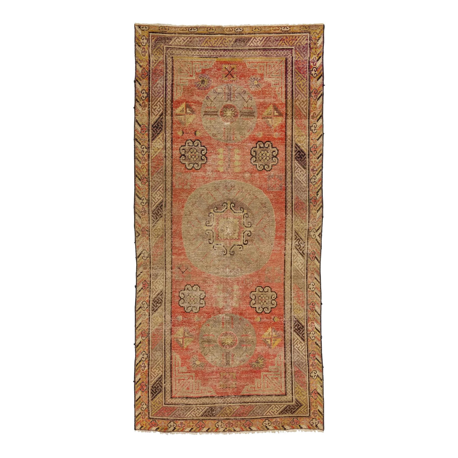 Antique Khotan Handmade Wool Rug Orange Medallion 4'4 x 9'6: Antique Khotan Handmade Wool Rug Orange Medallion 4'4 x 9'6 This exquisite Antique Khotan rug features a stunning orange color field, intricately hand-knotted from high-quality wool. The design showca