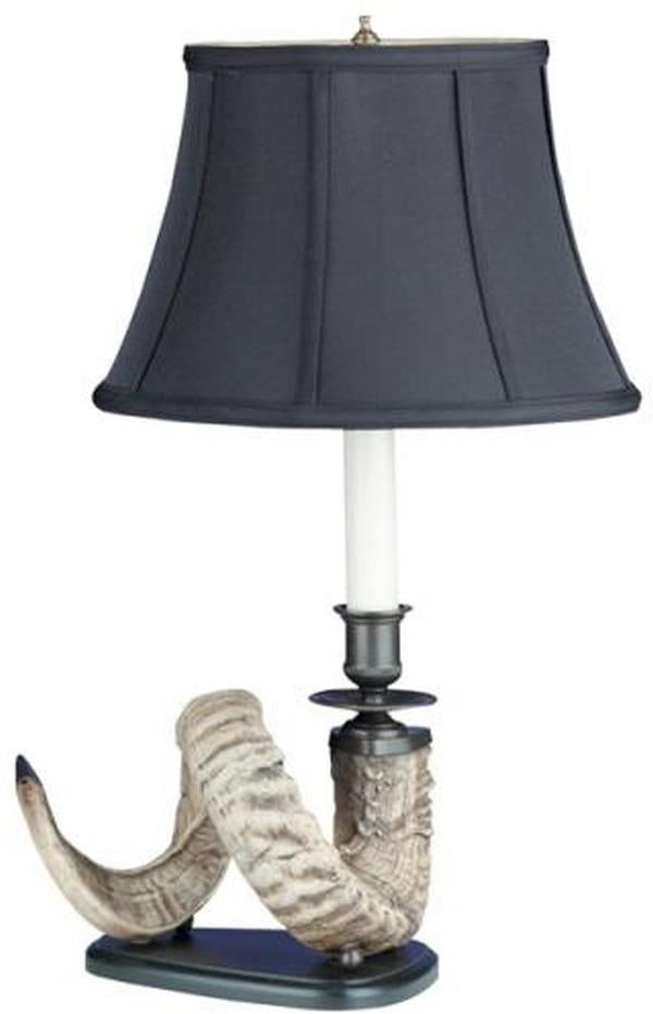 Hand-Cast Ram Horn Lamp with Linen Shade in Ebony Ivory: Hand-Cast Ram Horn Lamp with Linen Shade in Ebony Ivory This item is made at time of order. Please allow 42 to 70 days for production. Illuminate your space with this stunning hand-cast ram horn lamp 