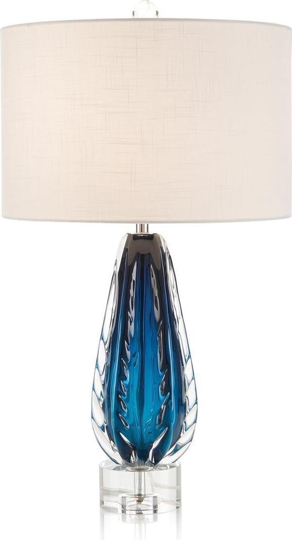 John-Richard Amalfi Table Lamp with Crystal Base and White Shade: John-Richard Amalfi Table Lamp with Crystal Base and White Shade Illuminate your space with this elegant hand-blown lamp featuring a stunning crystal base. This table lamp stands at 28.50 inches tall 
