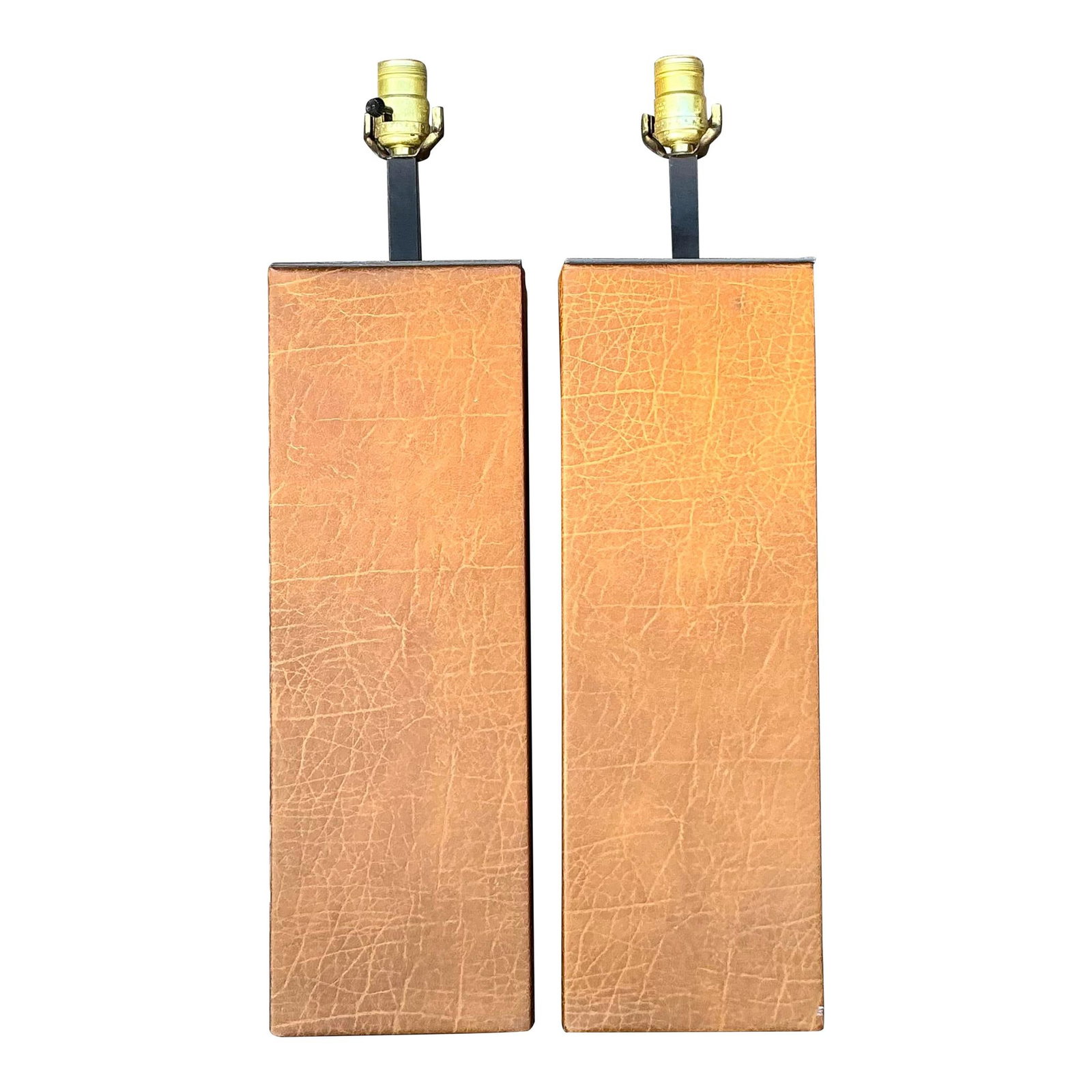 Pair of Vintage Boho Leather Lamps 23.75 Tall Rustic Charm: Pair of Vintage Boho Leather Lamps 23.75 Tall Rustic Charm Transform your living space with this stunning pair of vintage boho wrapped leather lamps. Featuring a unique rectangular design, each lamp i