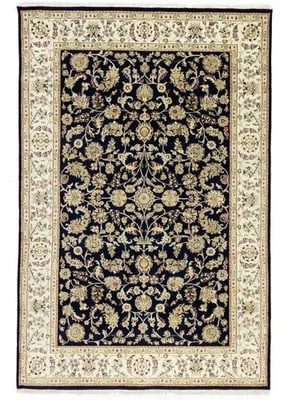 5'11" x 8'11" Hand Knotted Indo-Nain Wool Silk Floral Area Rug: 5'11" x 8'11" Hand Knotted Indo-Nain Wool Silk Floral Area Rug Hand-knotted Indo-Nain oriental rug with a dark navy floral design, suitable for bedroom use. The rug is pre-owned and measures 6x9. Spec