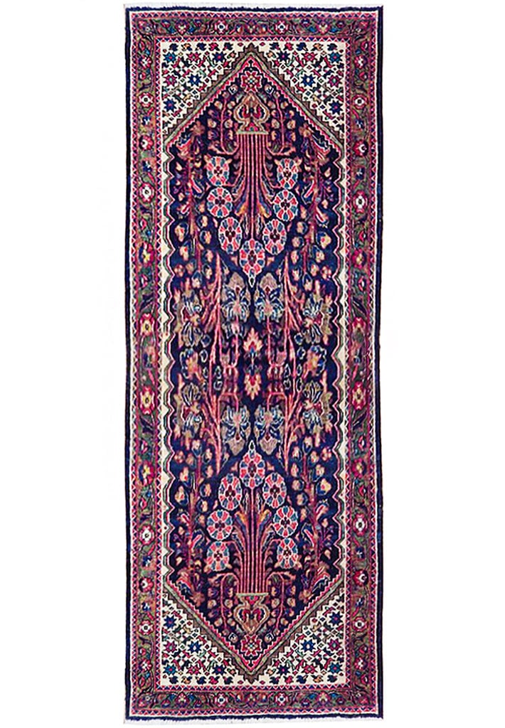 4.3 x 10.4 Navy Blue Semi-Antique Hamadan Runner Handmade Persian Rug: 4.3 x 10.4 Navy Blue Semi-Antique Hamadan Runner Handmade Persian Rug Free continental US Shipping Elevate your home decor with this captivating Navy Blue Semi-Antique Persian Hamadan Runner, handcraf