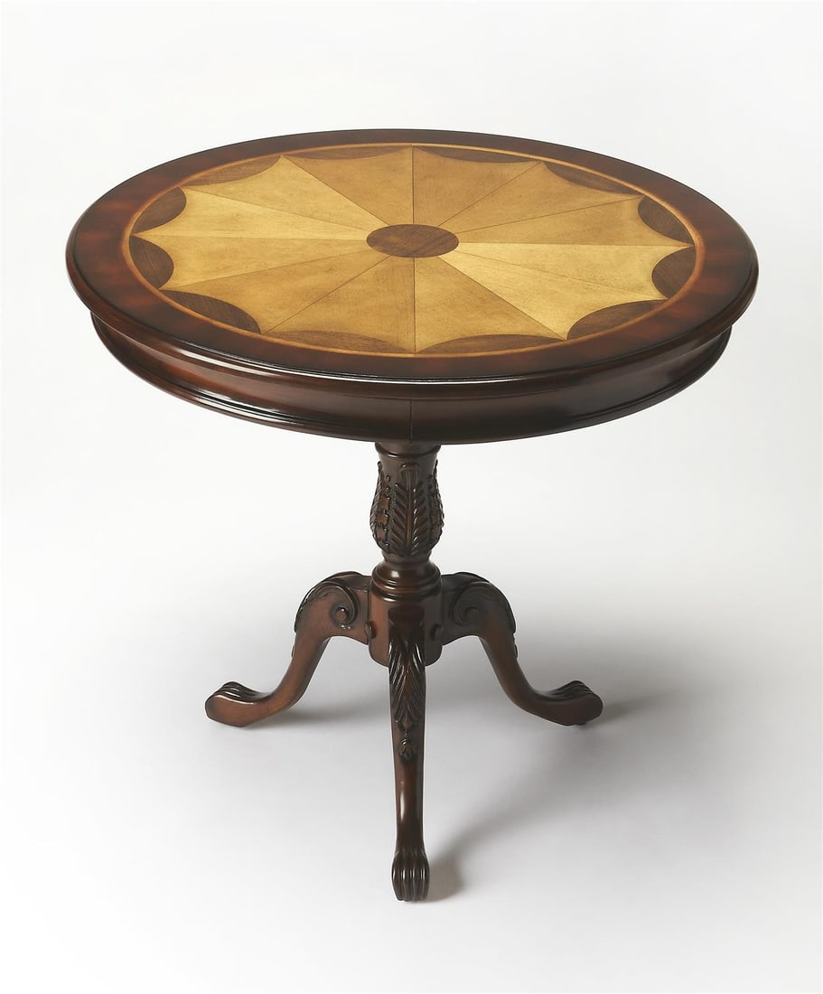 Round Brown Cherry Veneer Foyer Table by Butler Specialty Company: Round Brown Cherry Veneer Foyer Table by Butler Specialty Company This un-used foyer table from the Heritage Collection features a formal style with a round shape. It is crafted from cherry veneer, MD