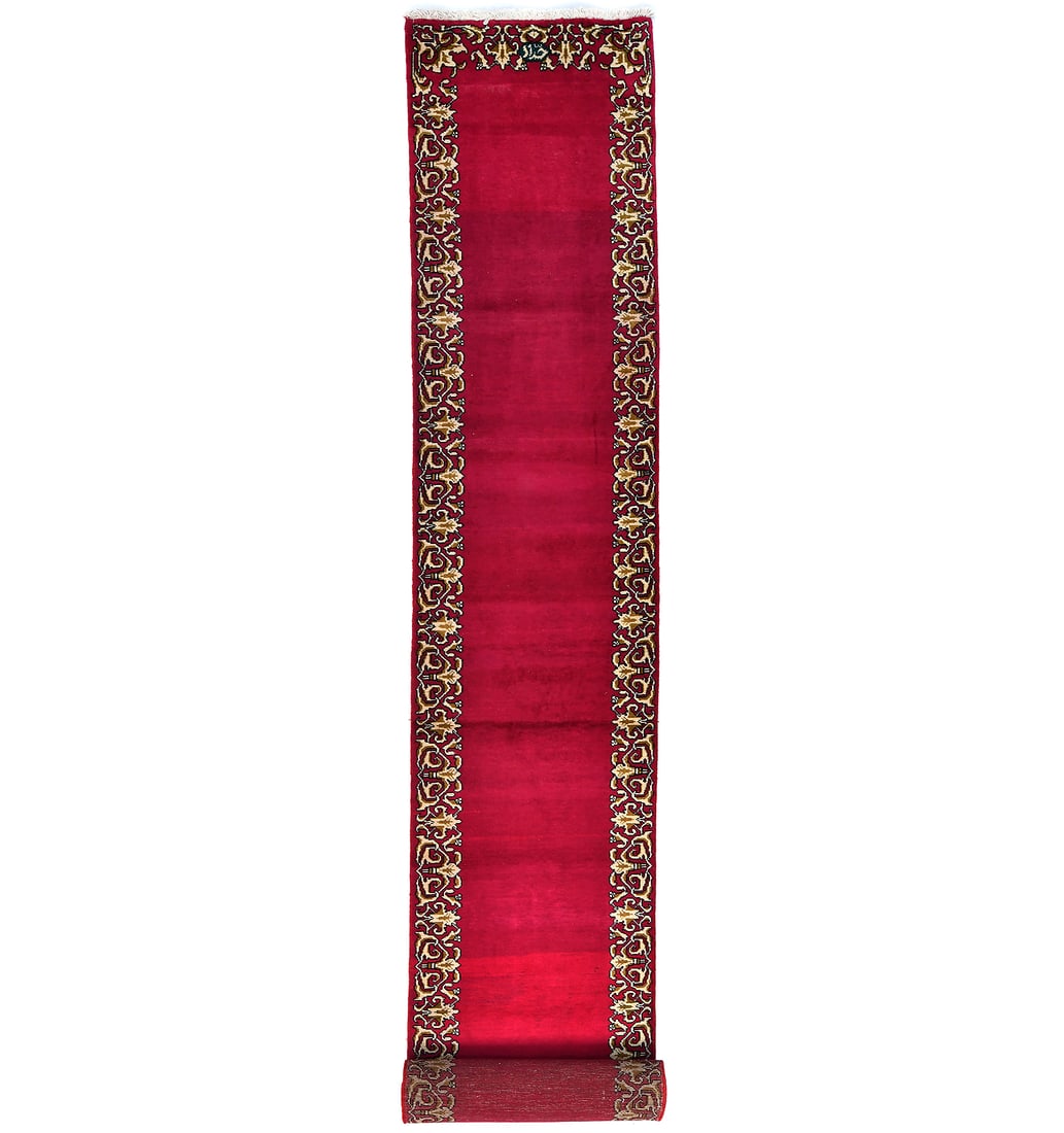 Hand-Knotted Wool Floral Hall Runner 2'11 x 20'4 Vintage: Hand-Knotted Wool Floral Hall Runner 2'11 x 20'4 Vintage This handmade Oriental runner rug features a traditional floral pattern in vibrant shades of fuchsia, rose, cream, charcoal, and brown. Crafted