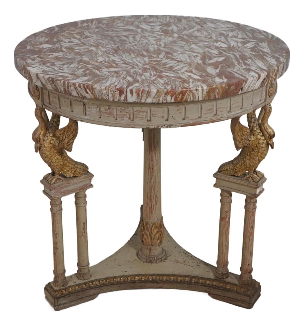 French Style Round Marble Lamp Table with Carved Swan Details: French Style Round Marble Lamp Table with Carved Swan Details This vintage Louis XVI-style round lamp table features a striking marble top and beautifully detailed carved swan motifs. High-quality con