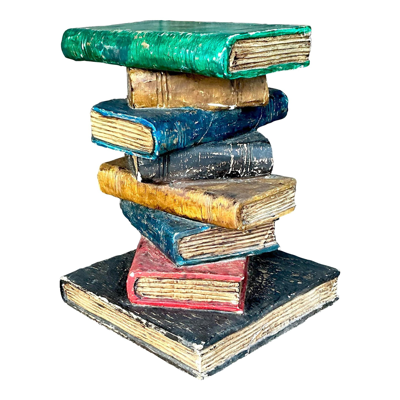 Whimsical Vintage Boho Polychrome Plaster Book Stack Table: Whimsical Vintage Boho Polychrome Plaster Book Stack Table Add a touch of whimsy to your space with this Vintage Boho Polychrome Plaster Stacked Books Side Table. Crafted from vibrant polychrome plast