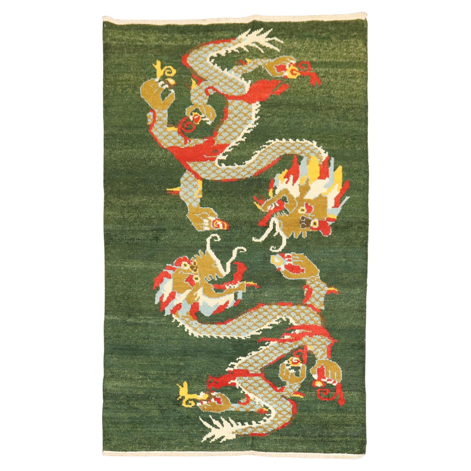 Zabihi Green Vintage Dragon Rug 36 x 60 Hand-Woven Wool Tibetan: Zabihi Green Vintage Dragon Rug 36 x 60 Hand-Woven Wool Tibetan This exquisite vintage dragon rug showcases a captivating green Tibetan pictorial design, crafted with care in the late 20th century. Ha