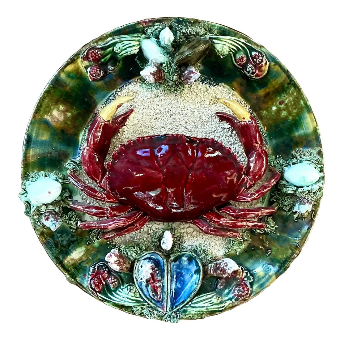 Palissy-Style Majolica Plate With High-Relief Crab Decoration Vintage French: Palissy-Style Majolica Plate With High-Relief Crab Decoration Vintage French This vintage Regency French majolica plate showcases a striking high-relief crab in vivid crimson and ochre hues at its cen