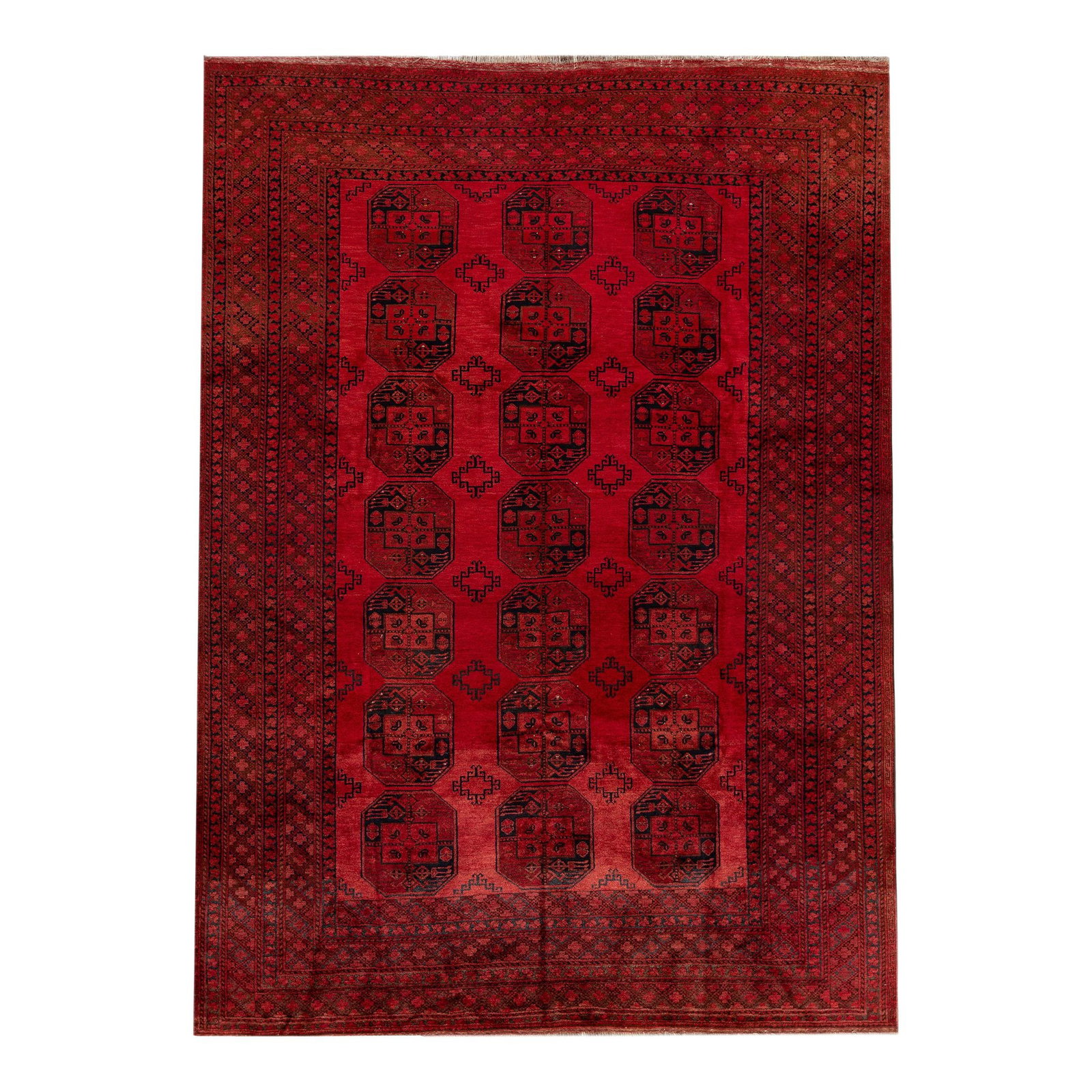 Vintage Turkaman Handmade Red Wool Rug 9'03 x 12'11: Vintage Turkaman Handmade Red Wool Rug 9'03 x 12'11 Experience the elegance of this beautiful vintage Persian Turkaman hand-knotted wool rug. Featuring a striking red field adorned with geometric desi