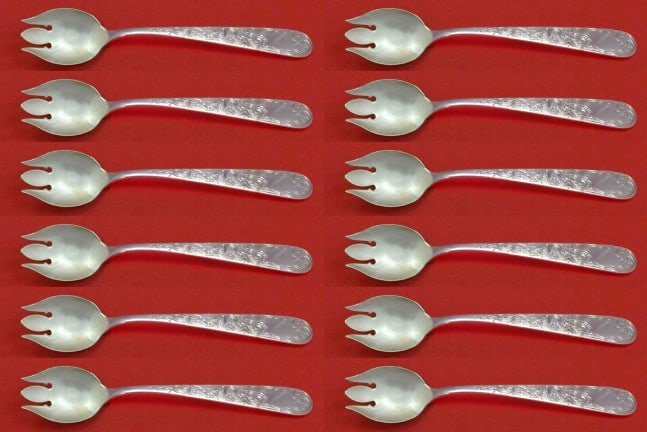 Kirk Old Maryland Engraved Sterling Silver Ice Cream Fork Set 12 pc 6 inch: Kirk Old Maryland Engraved Sterling Silver Ice Cream Fork Set 12 pc 6 inch This exquisite set of 12 ice cream forks is crafted from high-quality sterling silver and features the elegant Old Maryland E