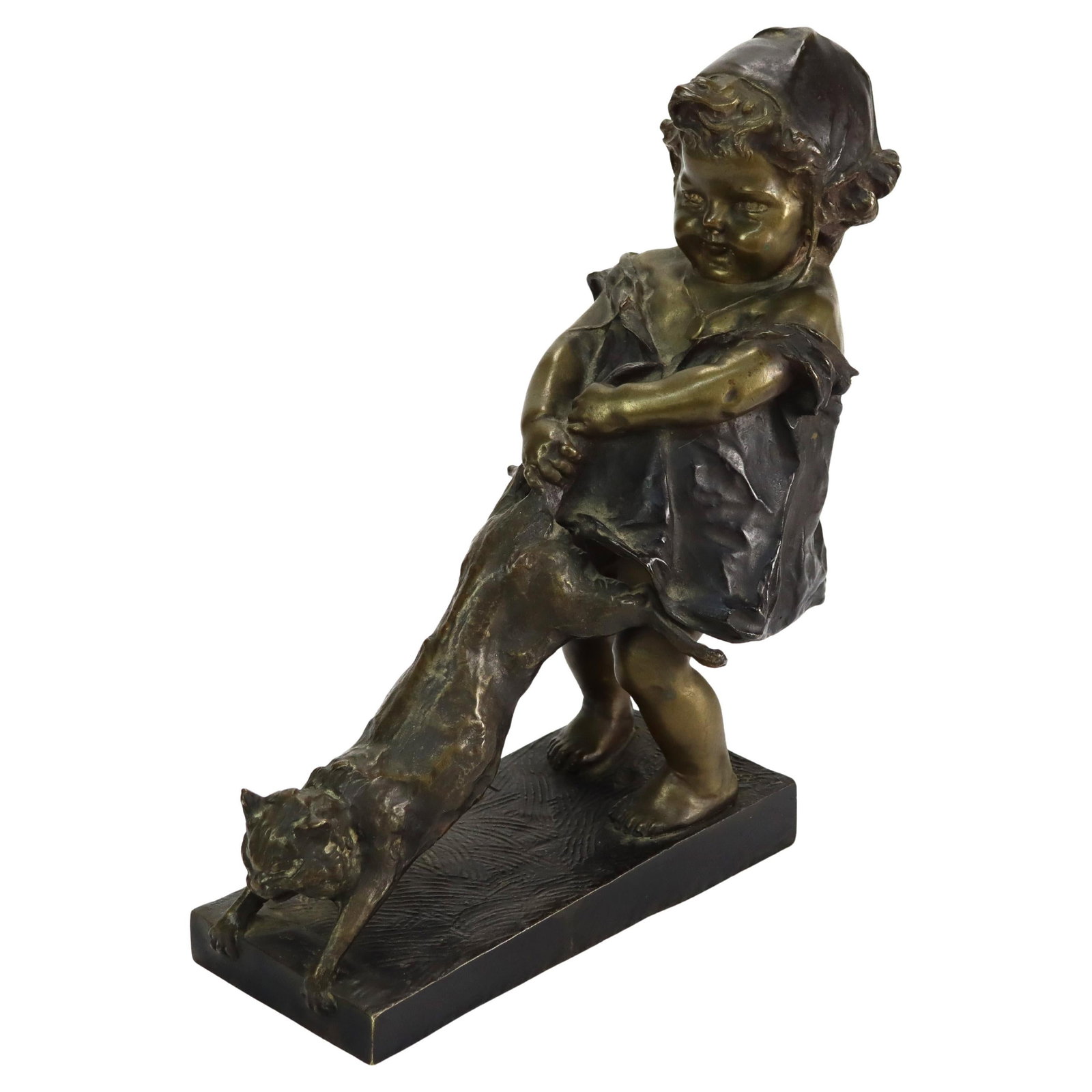 Antique Juan Clara Bronze Sculpture Toddler With Cat Signed 1st Edition c1900: Antique Juan Clara Bronze Sculpture Toddler With Cat Signed 1st Edition c1900 This exquisite bronze sculpture by Juan Clara depicts a charming toddler with a cat. Crafted in the early 20th century, th