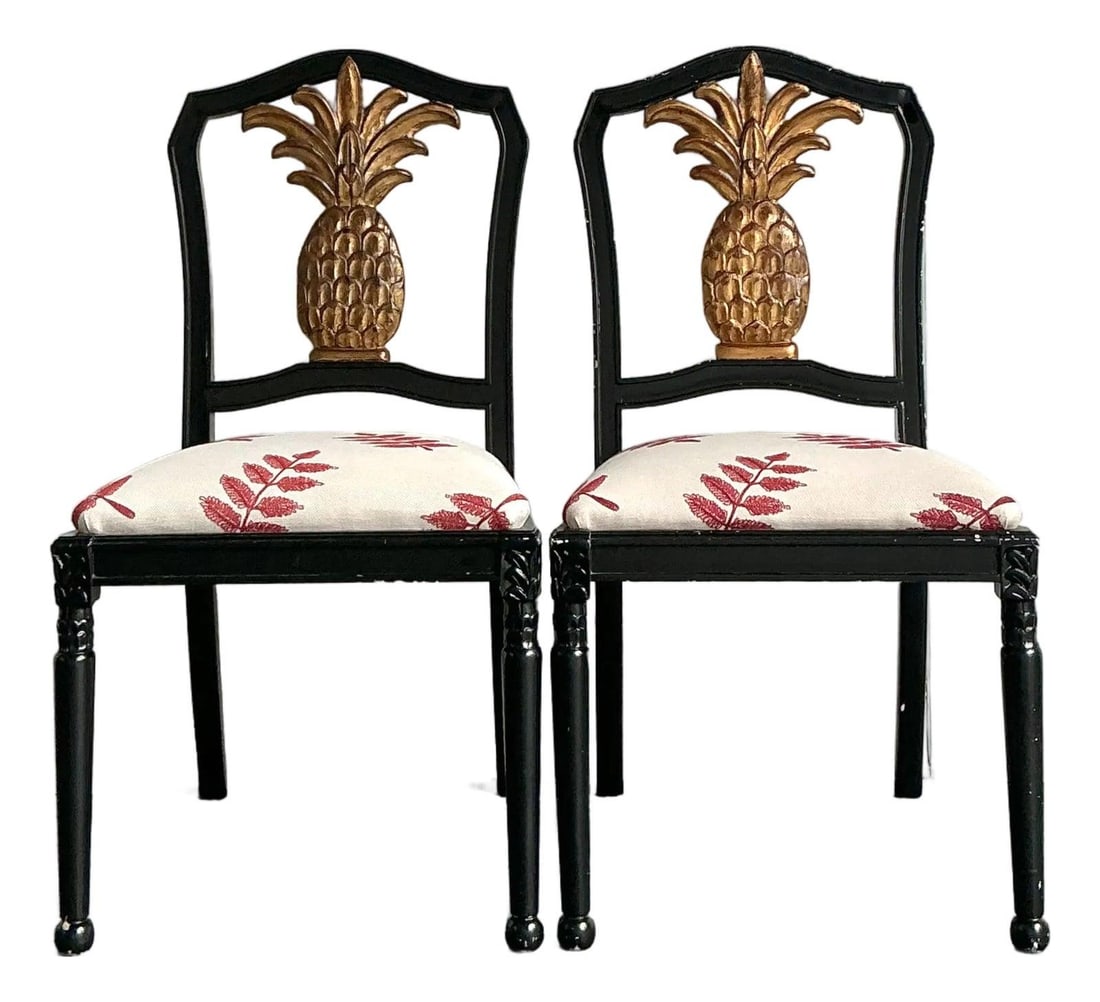 Pair of black lacquer side chairs with gilded pineapple splats (1 of 10)