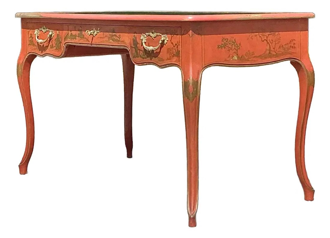 Vintage Baker Red Lacquered Chinoiserie Writing Desk 53in: Vintage Baker Red Lacquered Chinoiserie Writing Desk 53in Introducing the Vintage Baker Red Lacquered Chinoiserie Writing Desk, a stunning piece that exemplifies timeless elegance and exceptional craf
