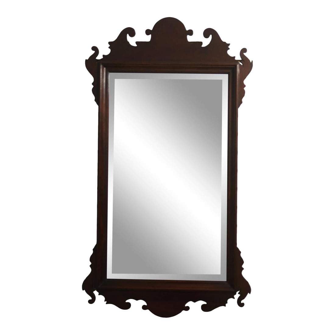 Craftique Chippendale Mahogany Wall Mirror 27 x 49 Beveled Glass: Craftique Chippendale Mahogany Wall Mirror 27 x 49 Beveled Glass This elegant Craftique Chippendale Mahogany Hanging Wall Mirror showcases a classic design with high-quality construction. Crafted arou
