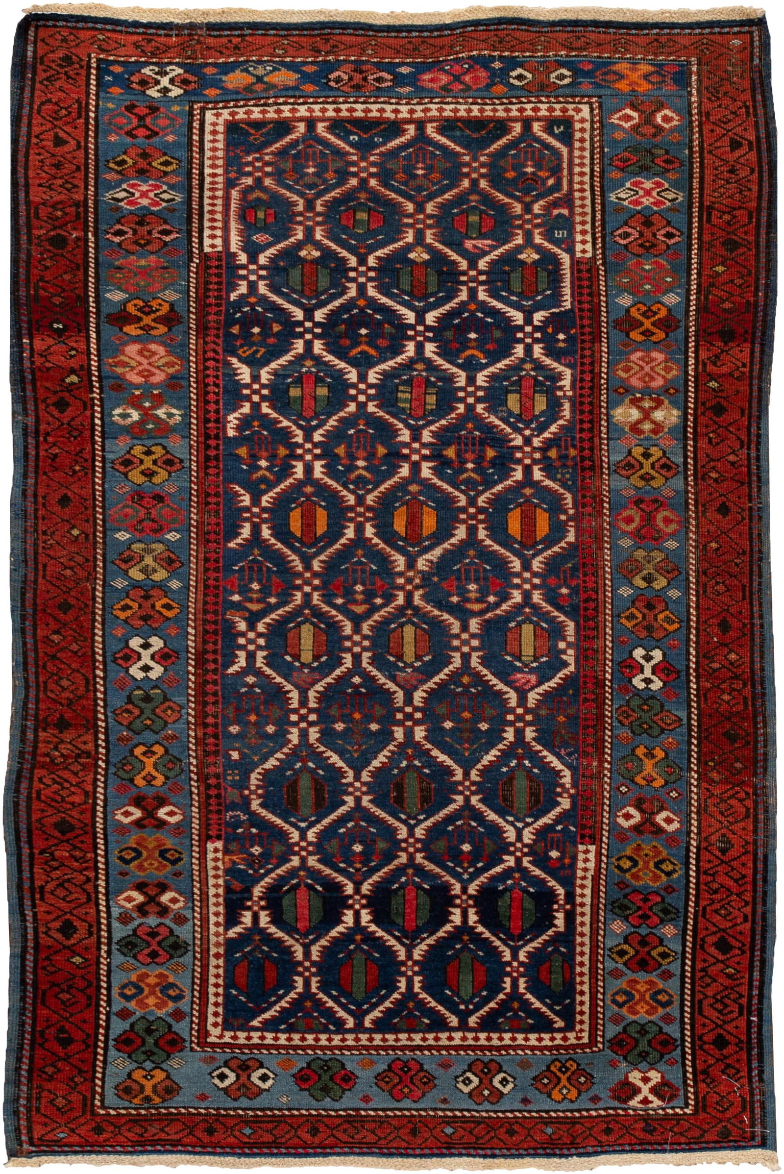 Late 19th Century Hand-Knotted Wool Caucasian Rug 3'8 x 5'7: Late 19th Century Hand-Knotted Wool Caucasian Rug 3'8 x 5'7 This stunning Late 19th Century Antique Caucasian Scatter Wool Rug features a hand-knotted construction with a rich navy blue field, complem