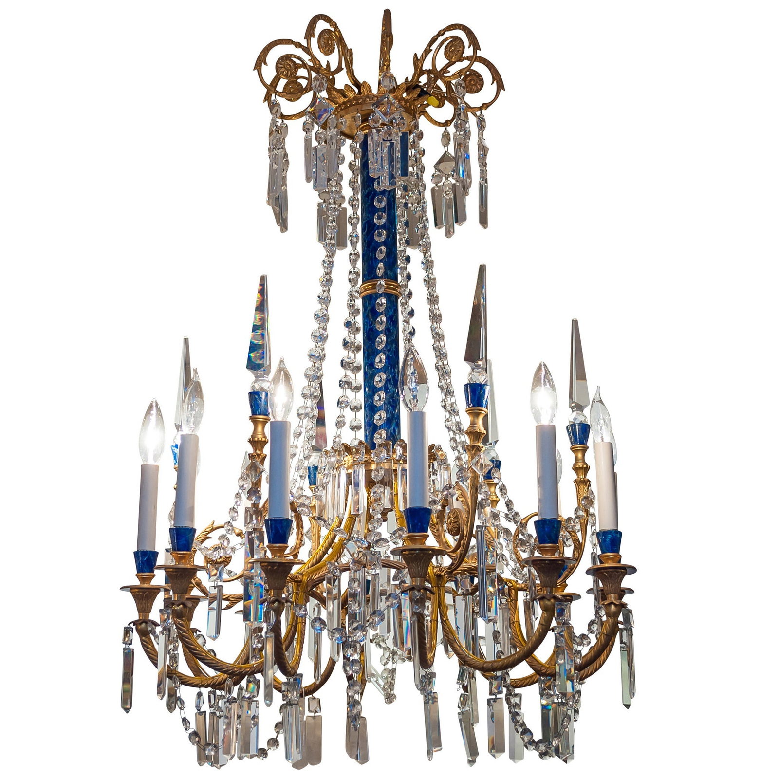 12-Light Empire Style Chandelier Gilt Bronze Faux Lapis Crystal Pendants (1 of 11)