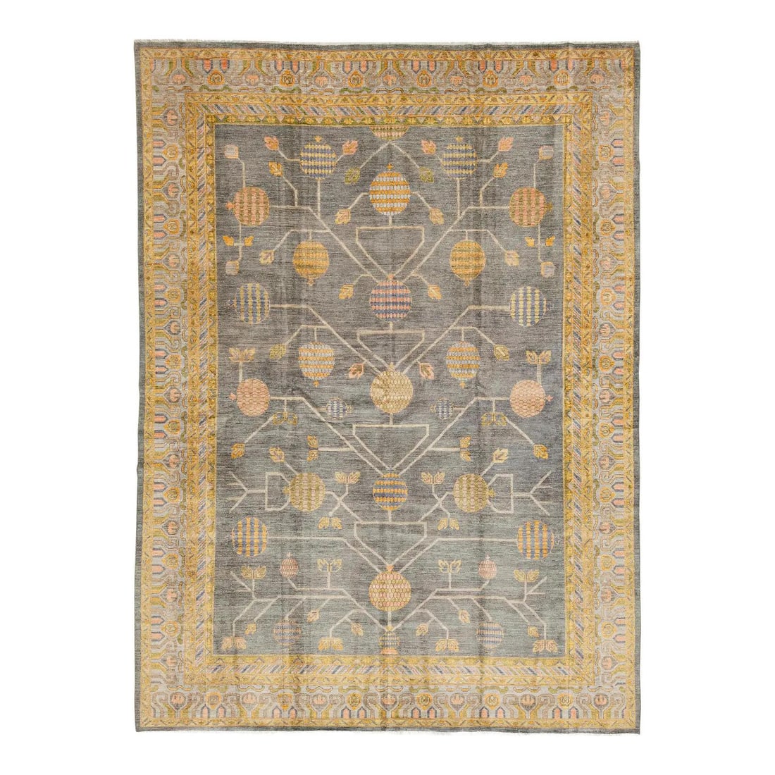 Charcoal Wool Khotan Tree of Life Rug 10'1 x 13'9: Charcoal Wool Khotan Tree of Life Rug 10'1 x 13'9 This modern area rug draws inspiration from the traditional Khotan style, featuring a stylized "Tree of Life" motif with geometric pomegranates in sof