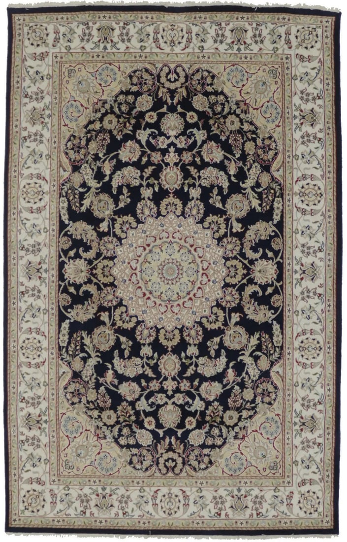 Hand-Knotted Indo-Nain Floral Rug 5'10 x 9'2 Dark Navy Wool Silk: Hand-Knotted Indo-Nain Floral Rug 5'10 x 9'2 Dark Navy Wool Silk This exquisite hand-knotted Indo-Nain oriental rug features a classic floral design in a striking dark navy color complemented by shade
