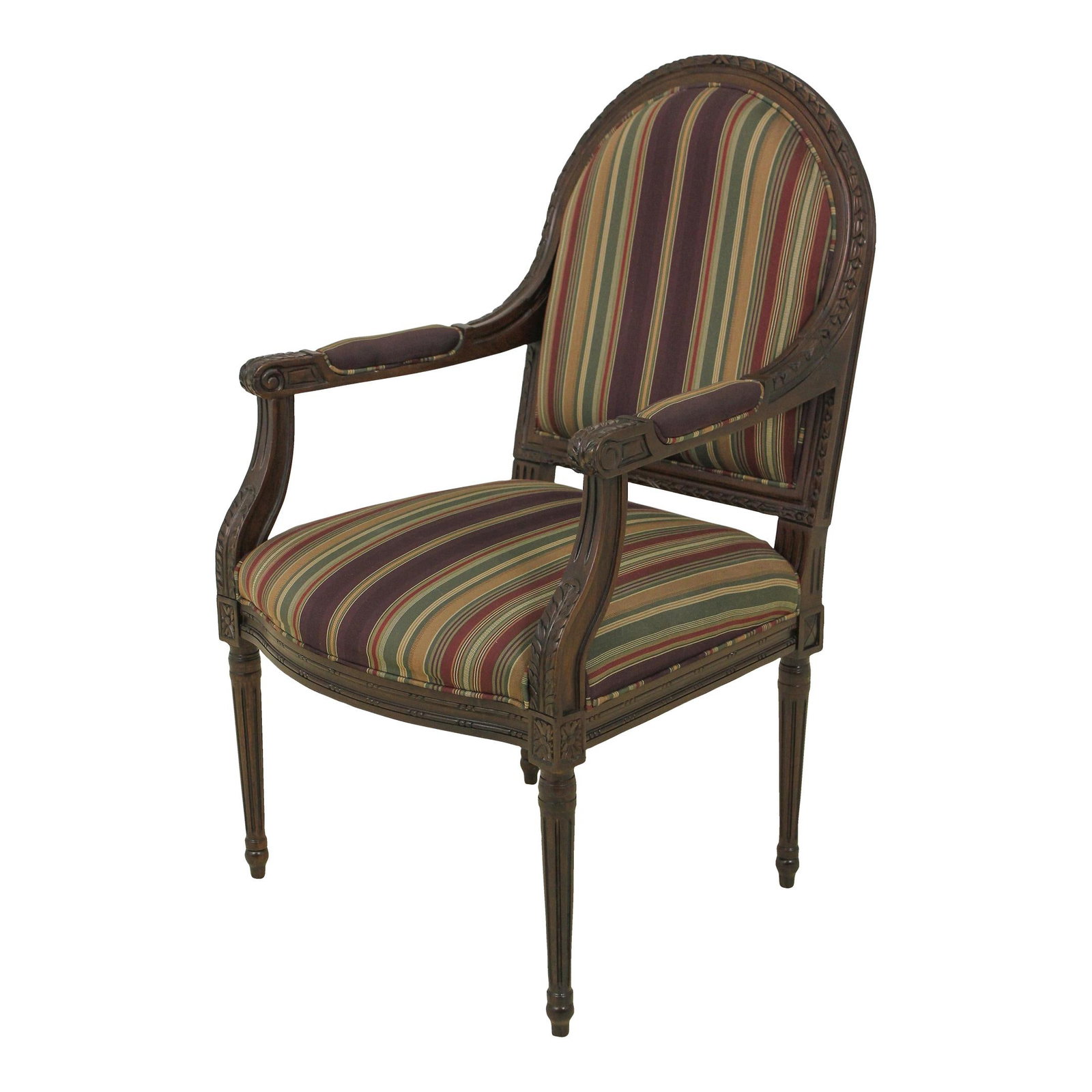 Elegant French Louis XV Style Upholstered Armchair 18C Design: Elegant French Louis XV Style Upholstered Armchair 18C Design This elegant French Louis XV Style Upholstered Armchair showcases a timeless design with its clean striped upholstery and beautifully carv