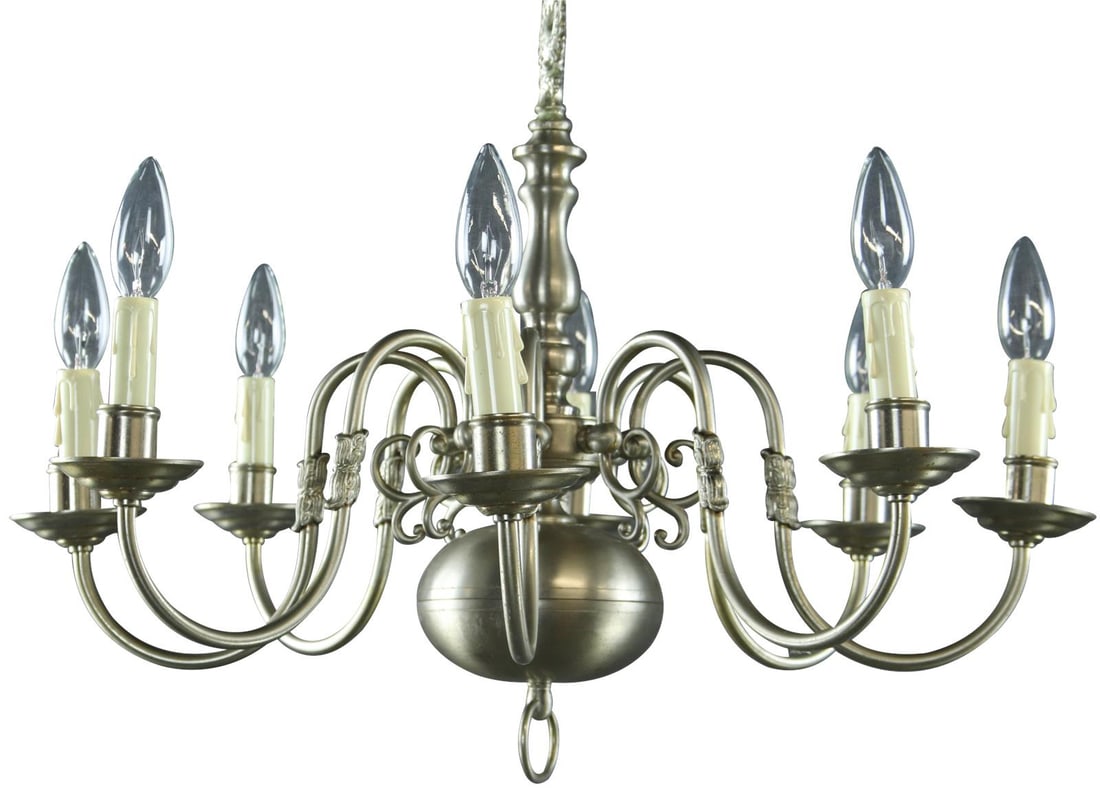 Elegant Vintage Flemish Bowl Chandelier Silver Nickel Finish 8-Light: Elegant Vintage Flemish Bowl Chandelier Silver Nickel Finish 8-Light Illuminate your space with this exquisite Vintage Flemish Chandelier, featuring a stunning silver nickel finish. Crafted in 1950, t