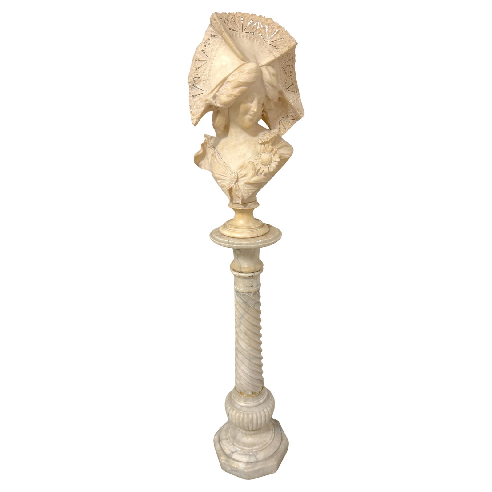 Monumental Alabaster Bust by Adolfo Cipriani with Pedestal (1 of 18)