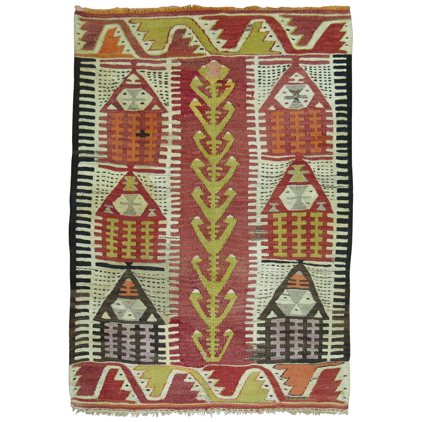 Mid Century Turkish Wool Prayer Kilim 36 x 49: Mid Century Turkish Wool Prayer Kilim 36 x 49 This mid-20th century Turkish prayer kilim is a hand-woven textile crafted from wool. Showcasing an archaistic style, it features traditional geometric pa