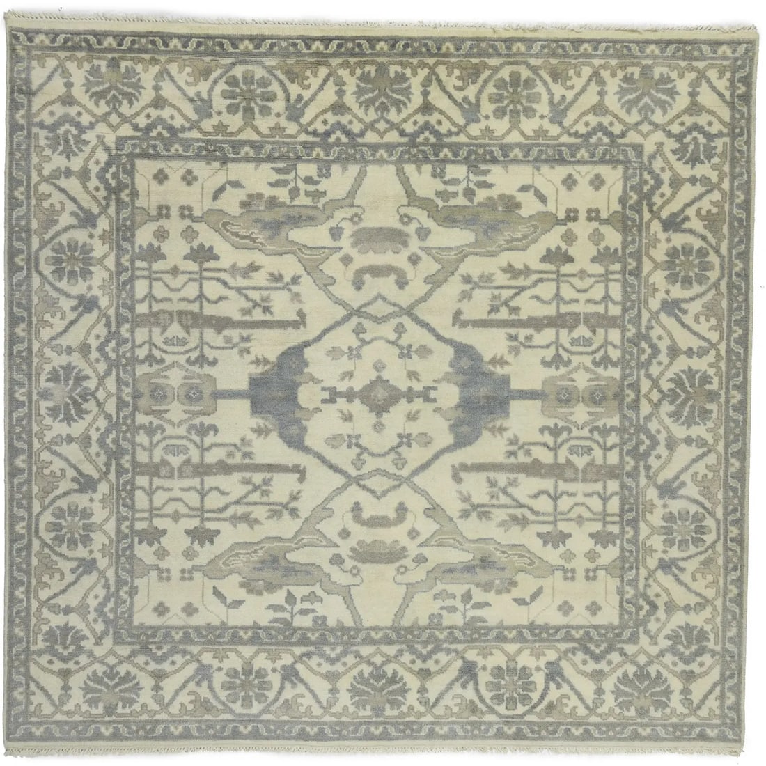 8x8 Square Hand-Knotted Wool Oushak Rug Floral Pattern Traditional Style: 8x8 Square Hand-Knotted Wool Oushak Rug Floral Pattern Traditional Style This handmade Oushak Oriental rug features a traditional floral pattern in muted tones of cream, brown, and taupe. Expertly han