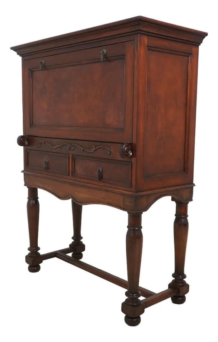 Vintage Mahogany Drop Front Wine Bar Secretary Desk with Brass Hardware: Vintage Mahogany Drop Front Wine Bar Secretary Desk with Brass Hardware This Vintage Mahogany Drop Front Wine Bar Secretary Desk showcases exquisite craftsmanship and timeless design. With approximate