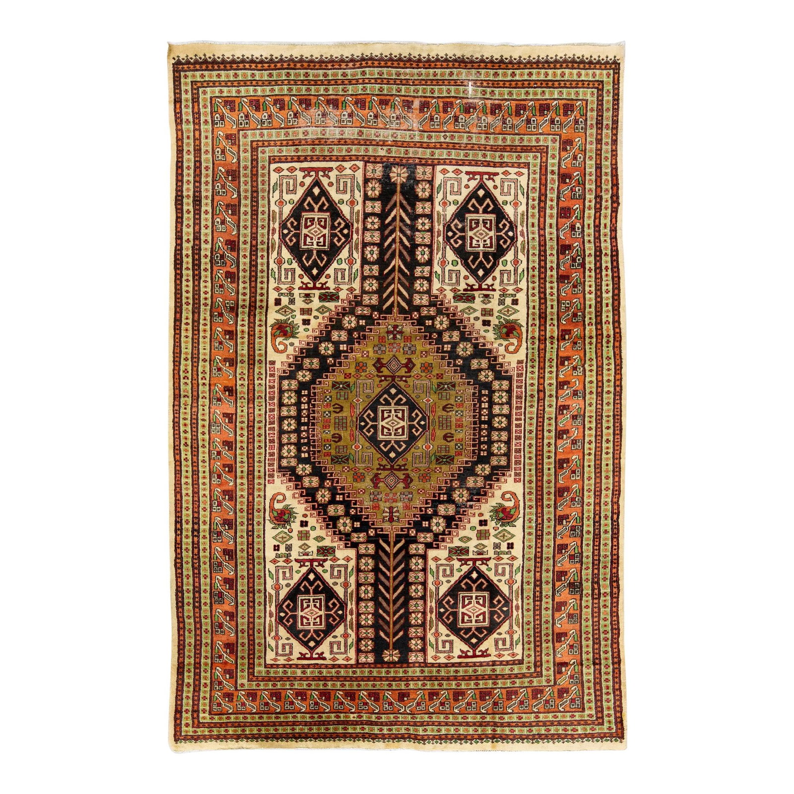 Vintage Handmade Persian Geometric Wool Rug Ivory 4'9" X 6'10": Vintage Handmade Persian Geometric Wool Rug Ivory 4'9" X 6'10" This exquisite Vintage Persian rug features a hand-knotted construction with a luxurious ivory field adorned with a vibrant geometric des