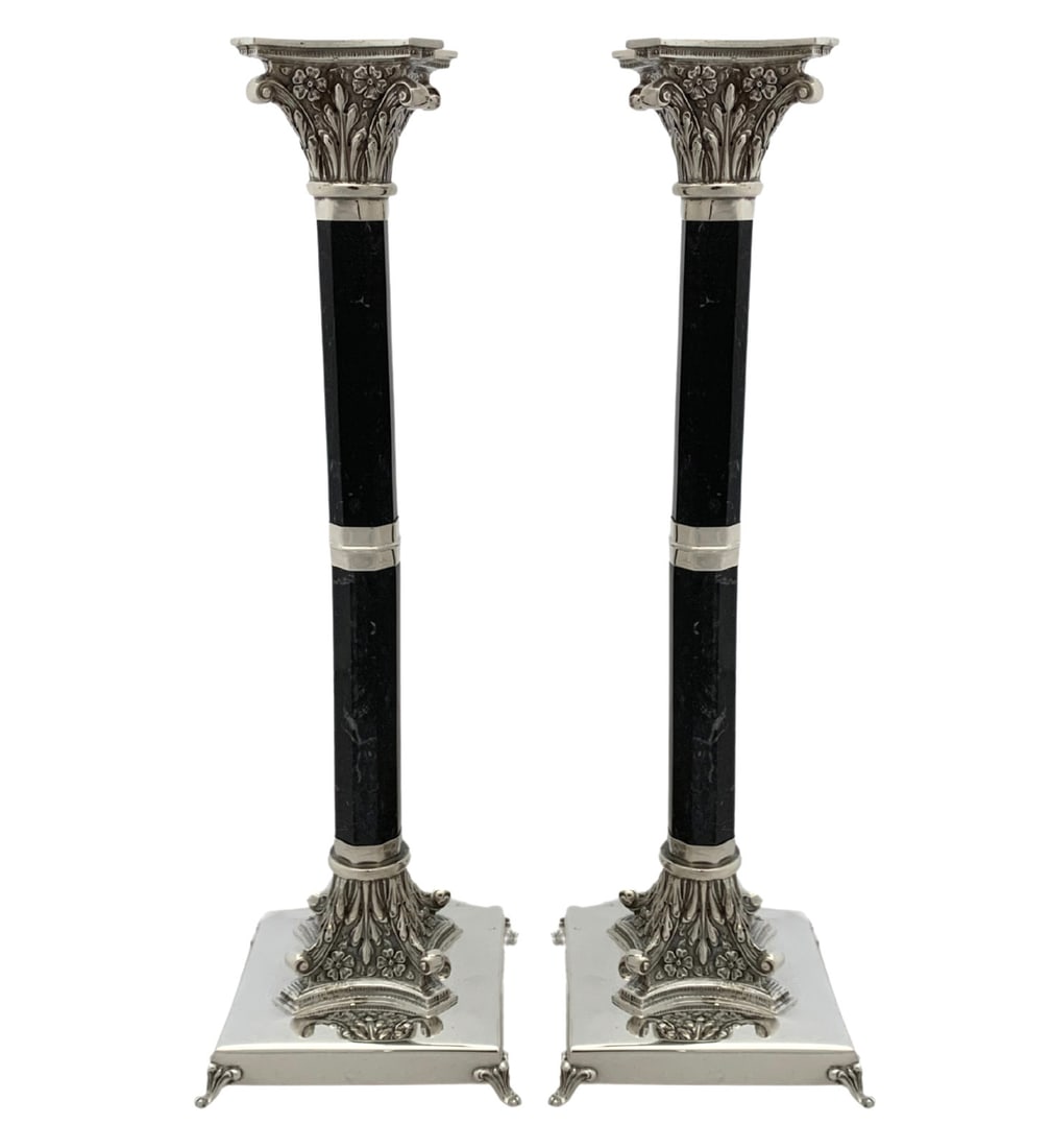 Tall Italian 925 Sterling Silver Floral Column Candlesticks with Stone Accents (1 of 3)
