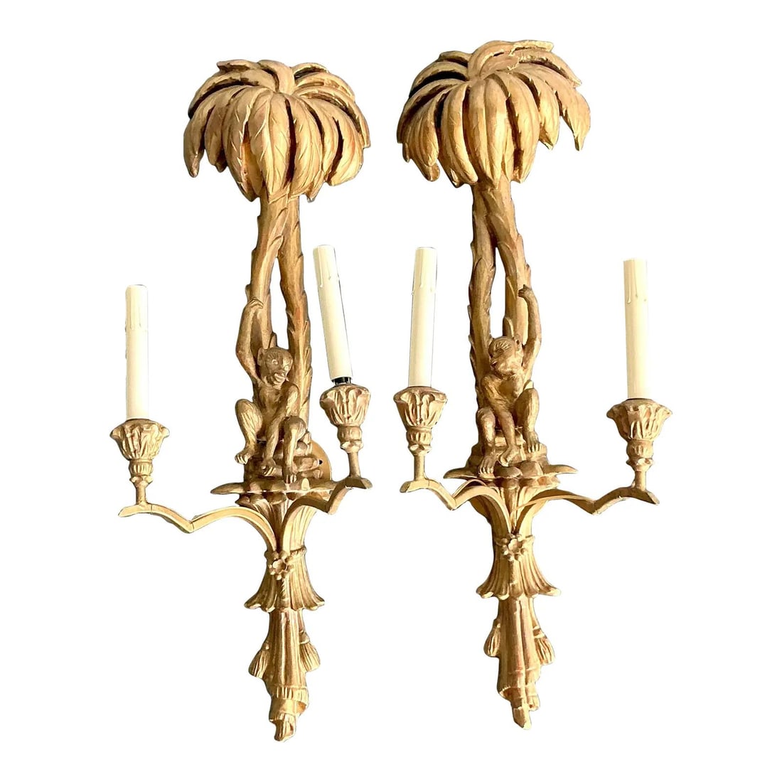 Pair of Hollywood Regency Palm Tree Monkey Wall Sconces with Gilt Accents (1 of 10)