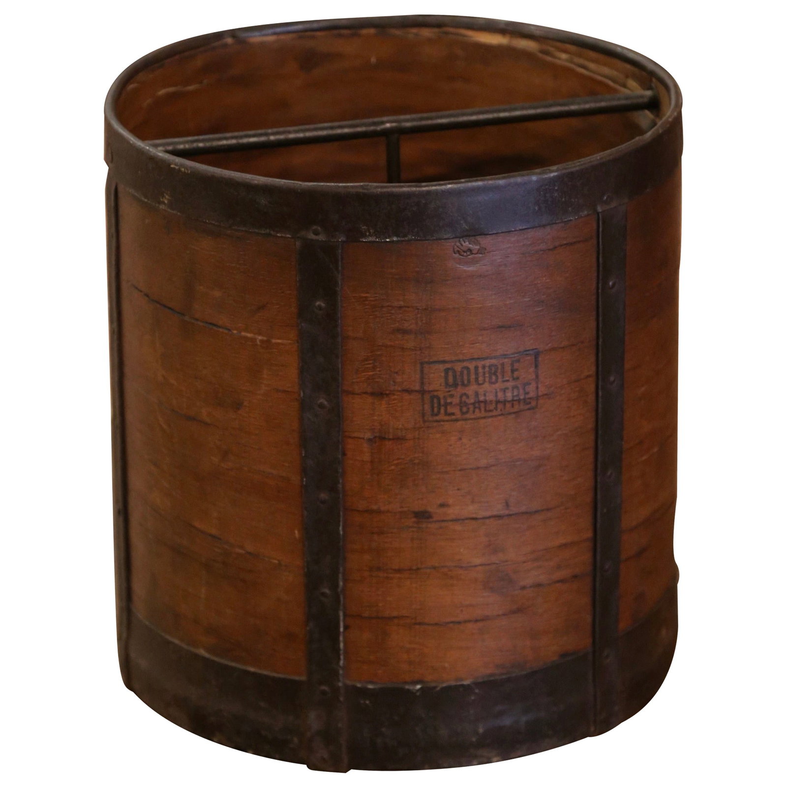 Antique 19th Century French Wood Iron Grain Measure Bucket: Antique 19th Century French Wood Iron Grain Measure Bucket Discover the charm of this 19th Century French grain measure bucket, a versatile piece that can serve as a waste basket or a decorative acces