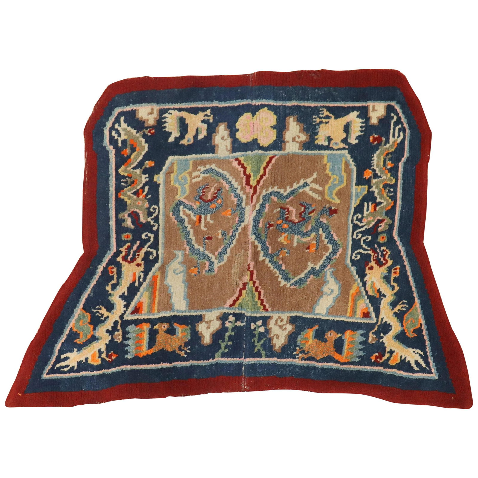 Vintage Tibetan Dragon Horse Hand-Woven Folk Art Rug 29 x 48: Vintage Tibetan Dragon Horse Hand-Woven Folk Art Rug 29 x 48 This exquisite Tibetan Dragon Horse Cover Textile Rug showcases a stunning folk art style, hand-woven with a blend of cotton and wool. Meas