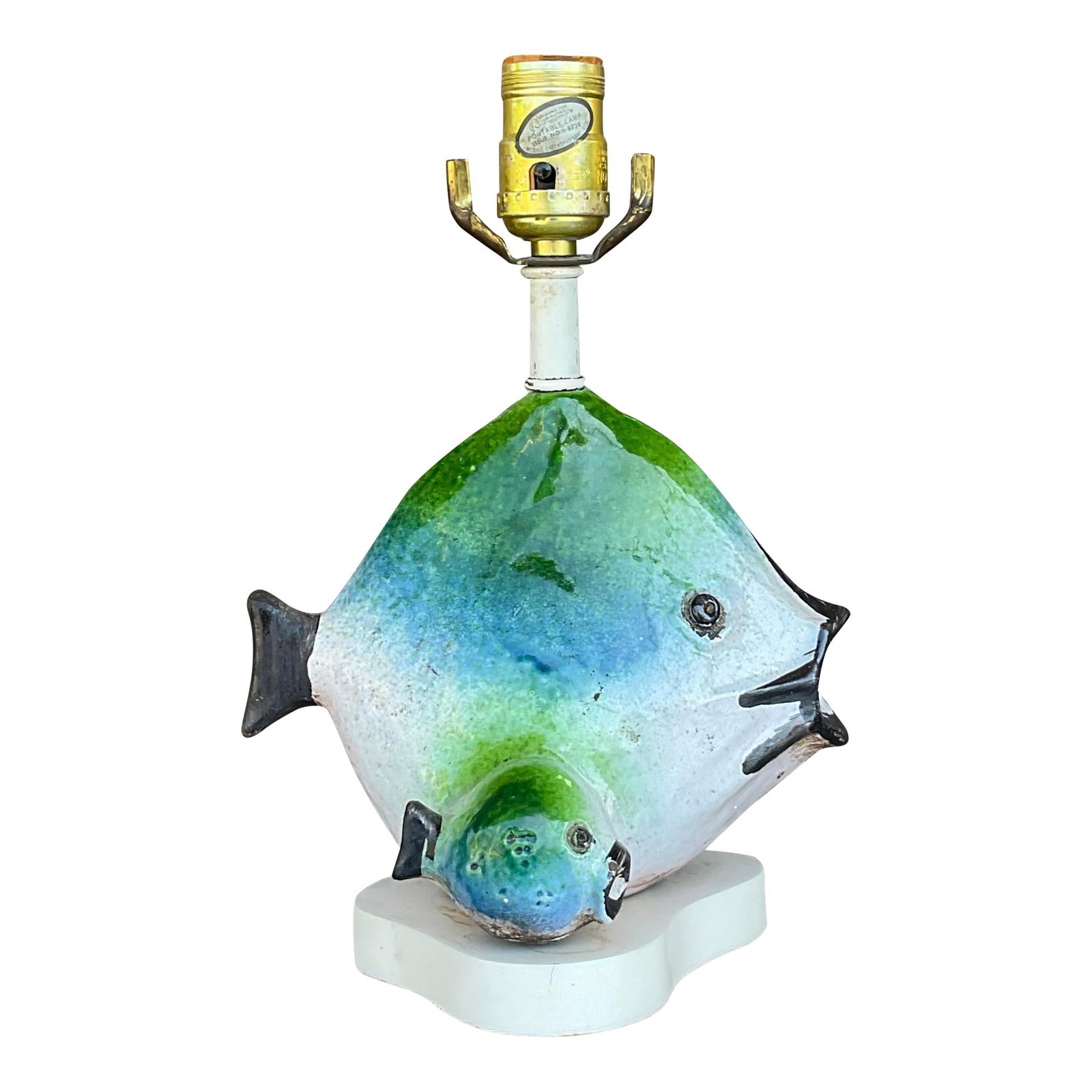 Vintage 1960s Italian Gli Etruschi Fish Lamp Green Aluminum Ceramic: Vintage 1960s Italian Gli Etruschi Fish Lamp Green Aluminum Ceramic Add a splash of whimsical charm to your decor with this Vintage 1960s Italian Gli Etruschi Fish Lamp. This iconic lamp features a pl
