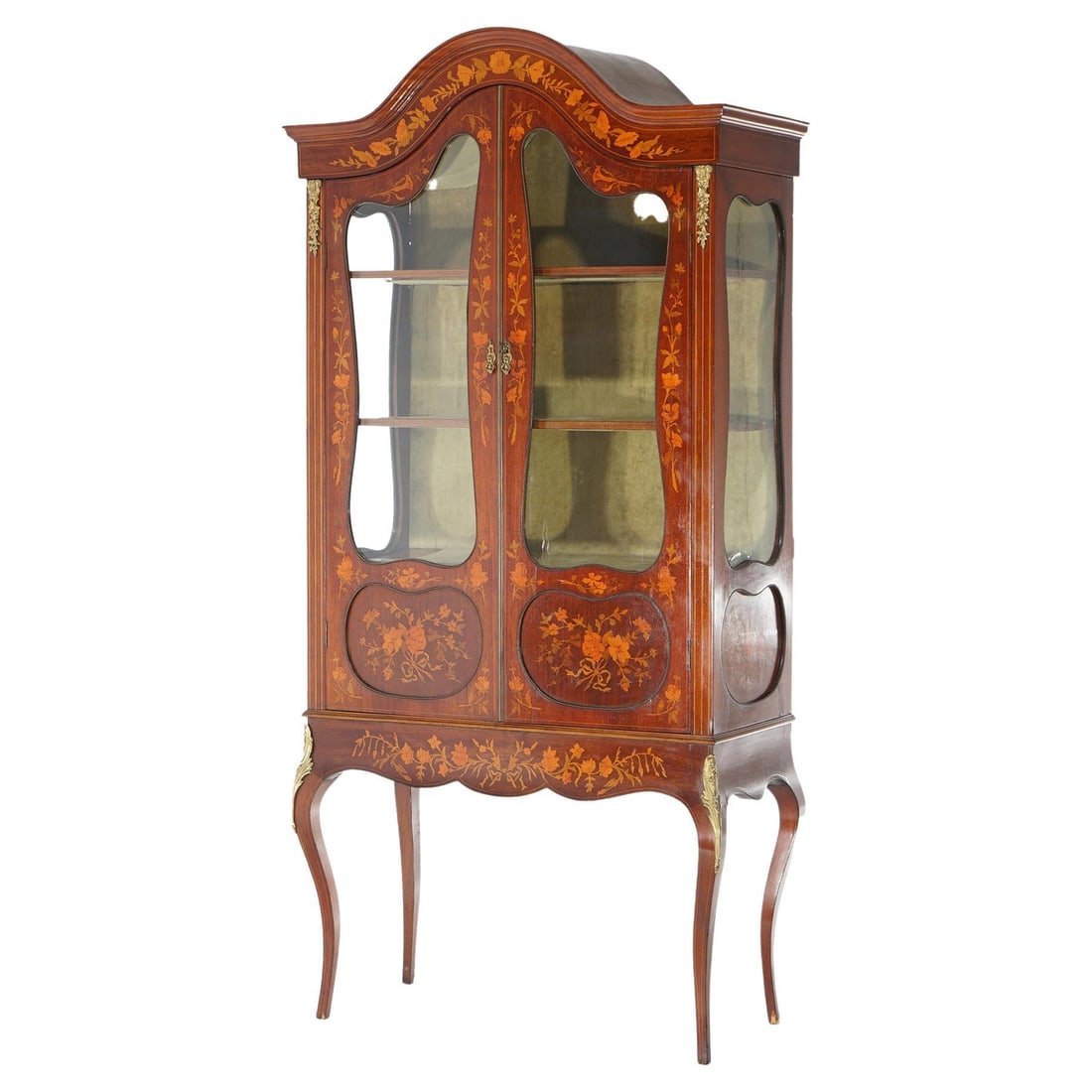 Antique Dutch Marquetry Mahogany Display Cabinet c1890 with Ormolu Mounts: Antique Dutch Marquetry Mahogany Display Cabinet c1890 with Ormolu Mounts This exquisite antique Dutch marquetry display cabinet showcases the artistry of the late 19th century with its elegant mahoga